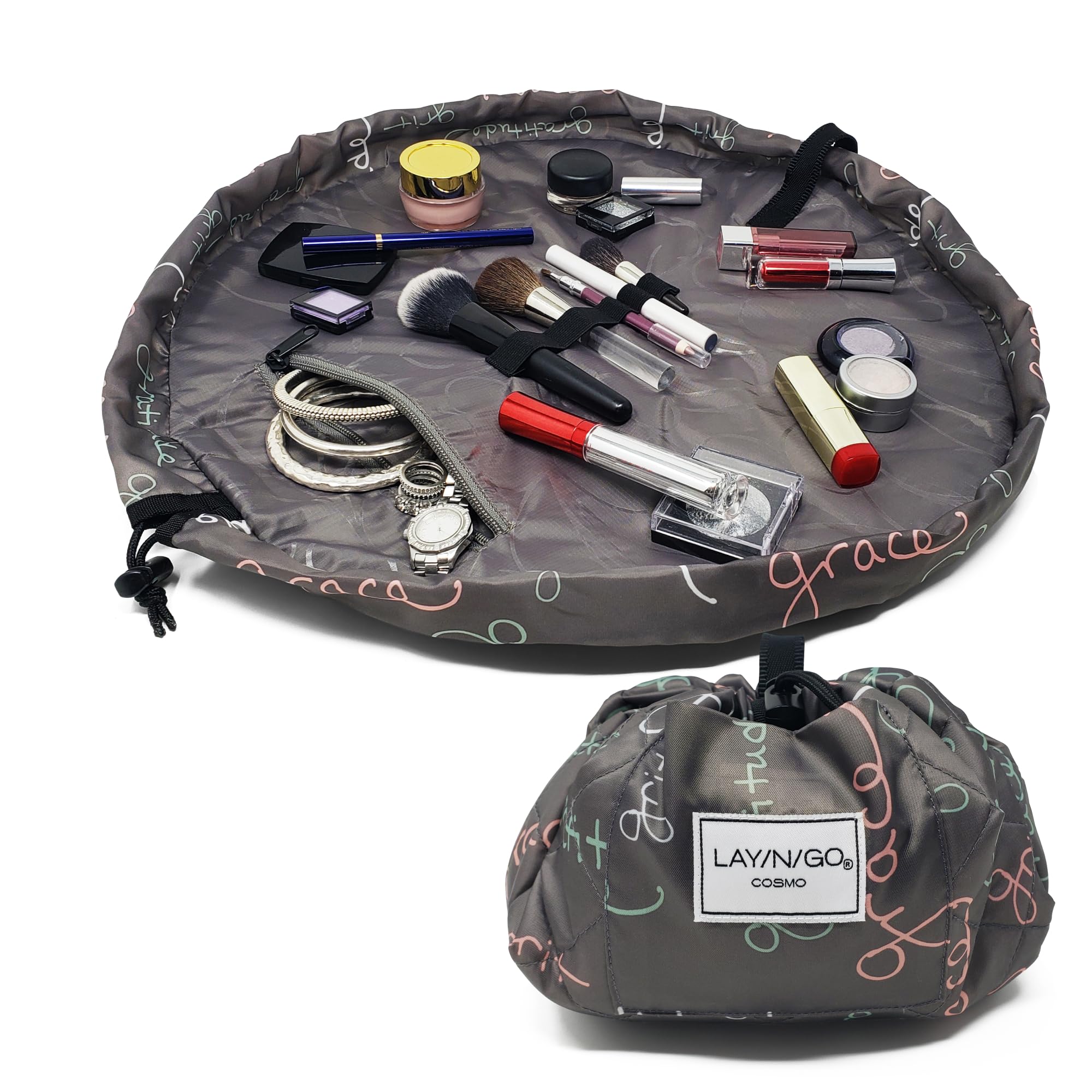 Lay-n-Go Cosmo Drawstring Cosmetic & Makeup Bag Organizer, Toiletry Bag for Travel, Gifts, and Daily Use, 20 inch, Grit Grace Gratitude