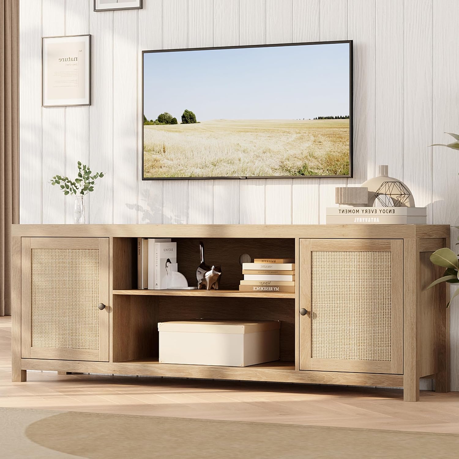 GarveeHome Boho TV Stand for 65 in TV, Rattan Entertainment Center with Storage, Wood TV & Media Console Under TV Cabinet for Living Room Bedroom, Natural Oak - 57 in