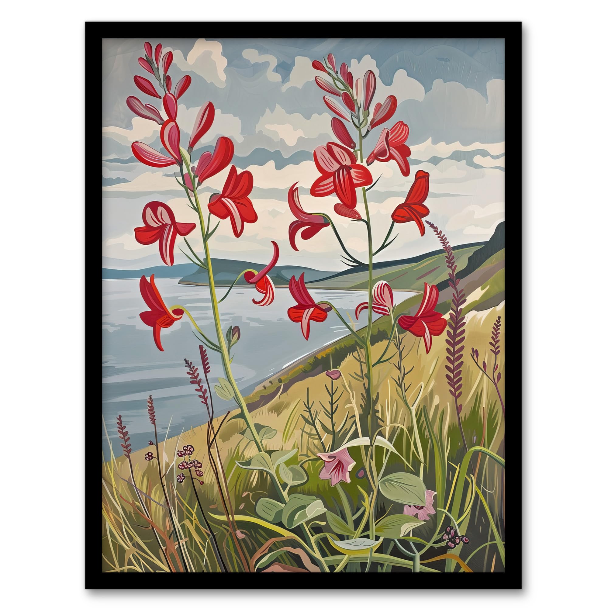 Artery8 Red Wildflowers on Hunt Cliff Saltburn Yorkshire Living Room Artwork Framed Wall Art Print A4