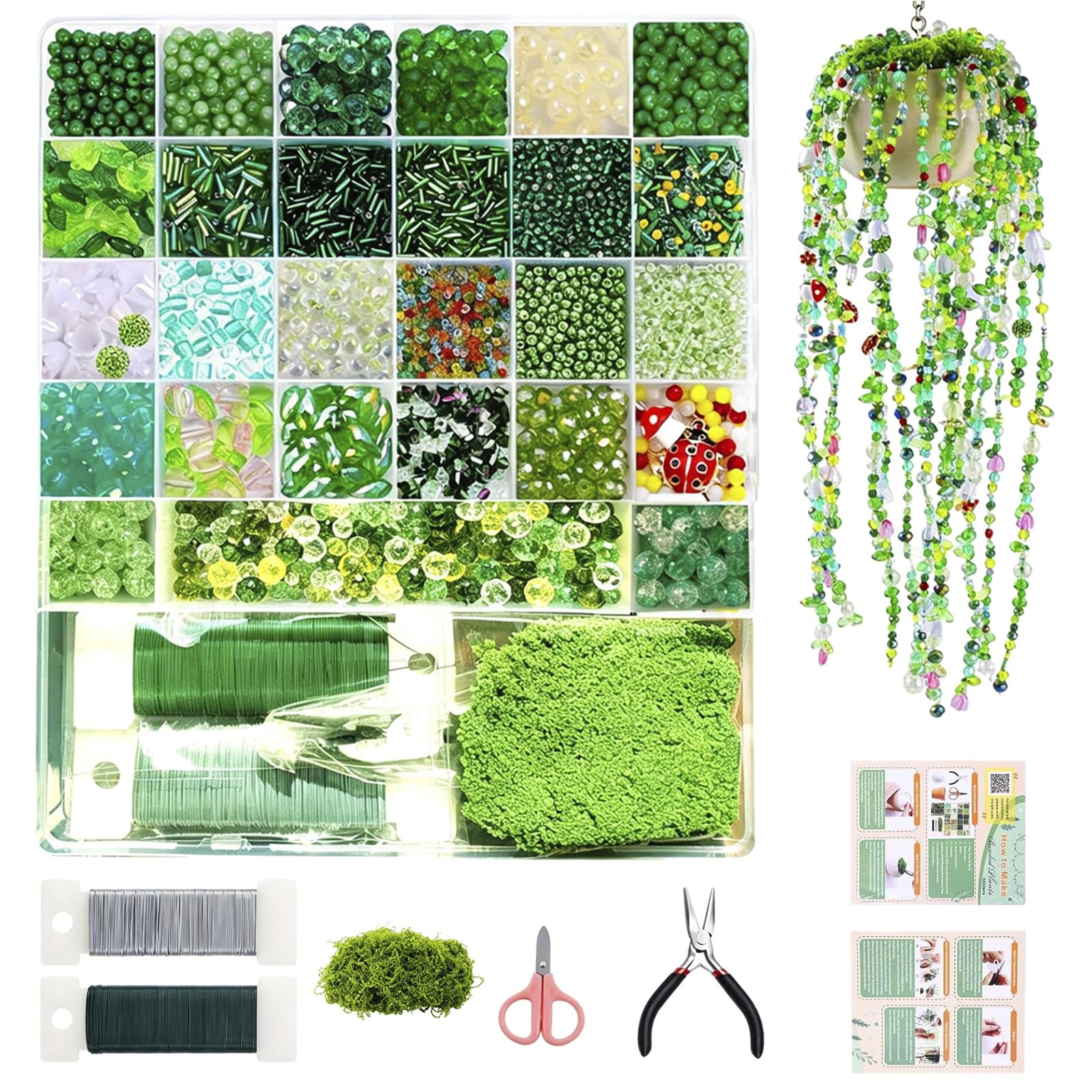 Set di 5540 perline di vetro verdi, set fai da te per piante grasse artificiali e decorazioni floreali, filo per fiori, muschio, tulipani e coccinelle, per la creazione di gioielli (bracciali, collane