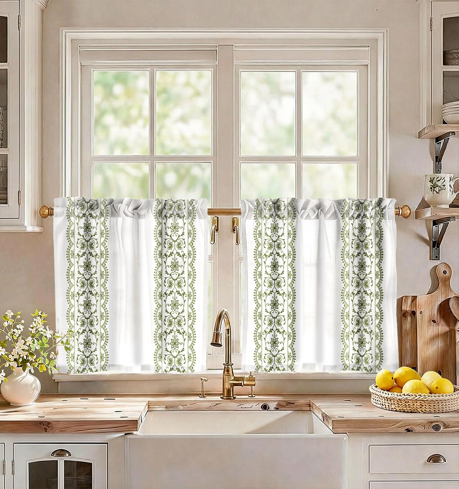 Miss Adola Boho Kitchen Tier Curtains, 24 Inch Length, Green Vine