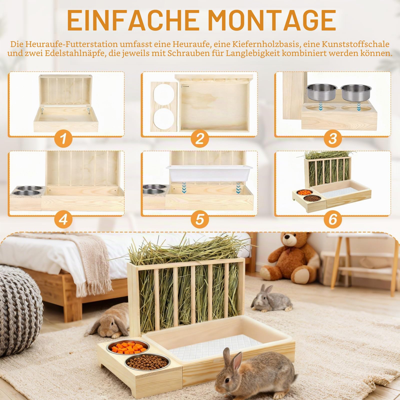 Heuraufe Kaninchen, Holz Futterspender Heu Kaninchen mit Katzentoilette Und Näpfen 3 in 1 Heuraufe Meerschweinchen Futter Spender Für Heu Für Chinchilla Hamster Nager