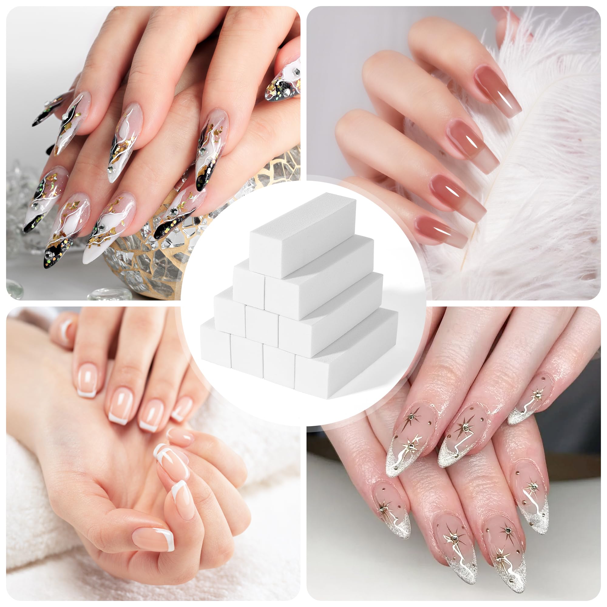 Lot de 10 Bloc Polissoir Ongles, Lime de Polissoir a Ongle Professionnelle pour Poncer Les Ongles en Acrylique ou Gel Naturel, 4 Faces Lavable pour Manucure - Blanc