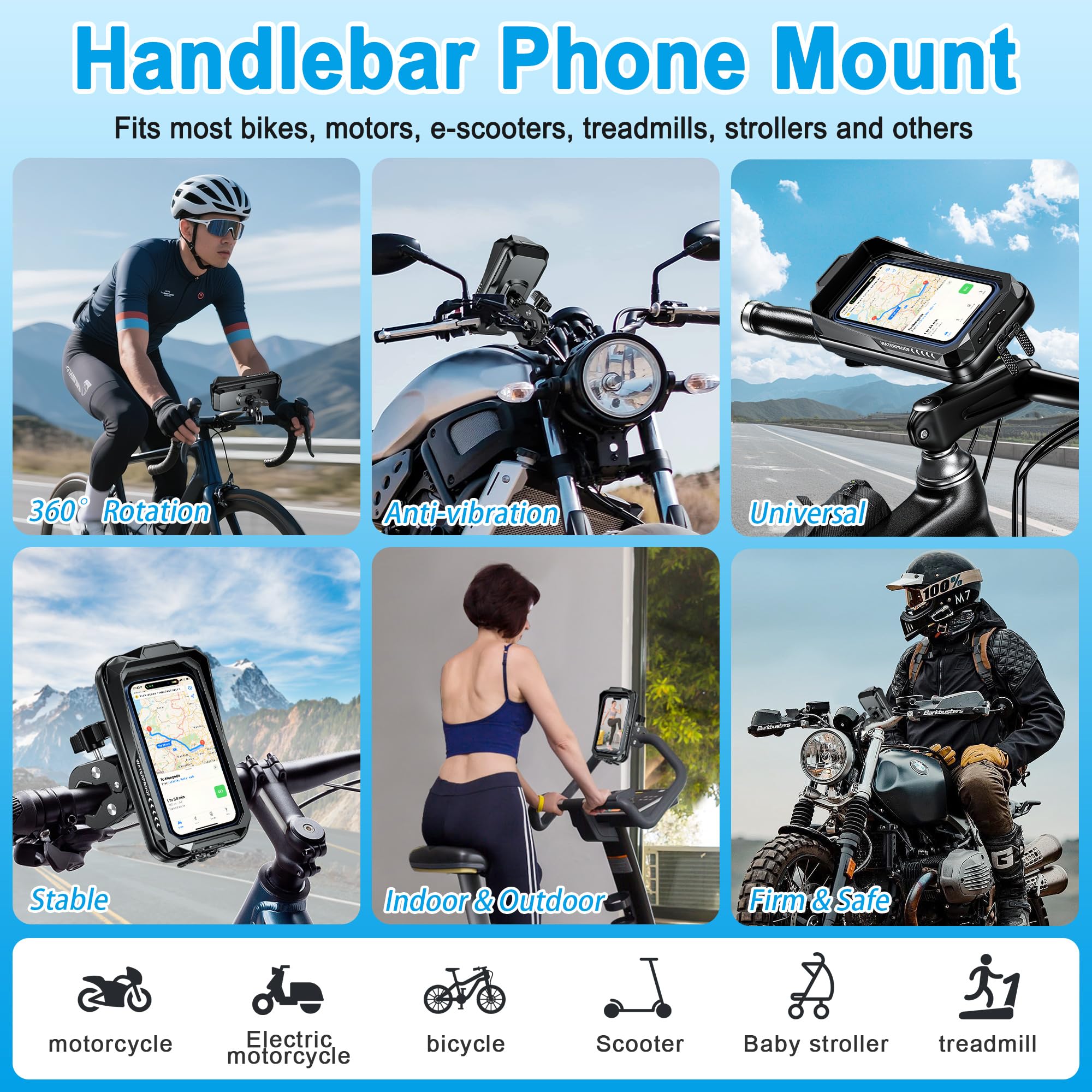 Support Téléphone Vélo Moto Universel 360° Rotation Porte Telephone Velo Guidon Etanche Support Telephone Trotinette Electrique Scooter avec Ecran Tactile pour Smartphones
