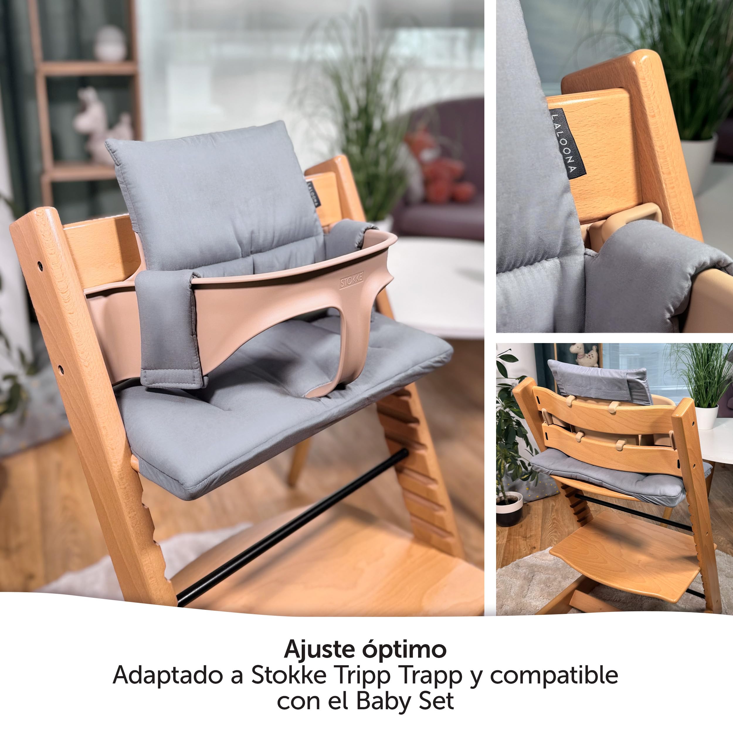 LaLolleera Cojín Trona Evolutiva de Madera para Stokke Tripp Trapp, Impermeable, Lavable OEKOTEX Standard 100 - Gris Revestido
