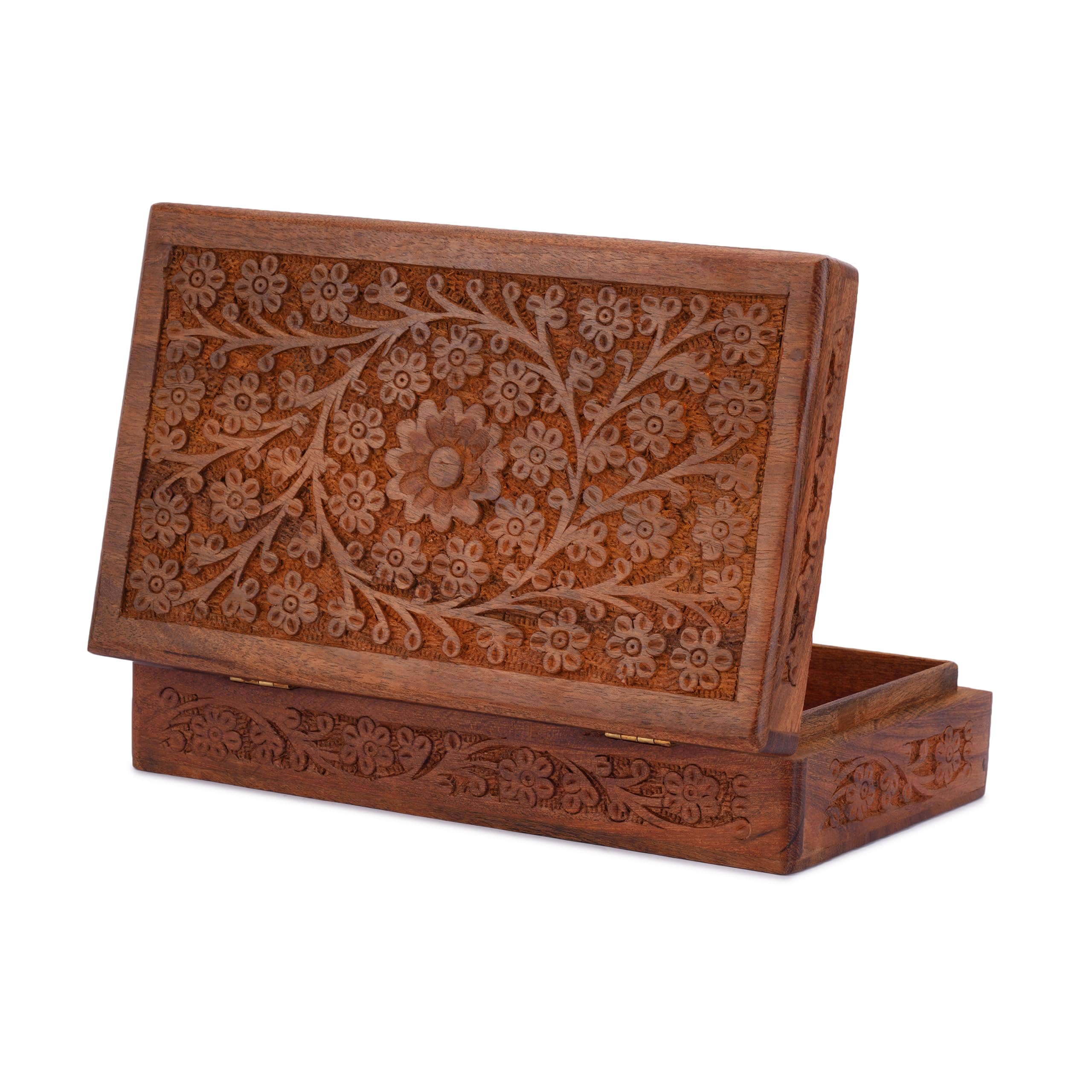 Ajuny Wooden Keepsake Box 10 x 6 Inch Floral Carved Jewellery Chest