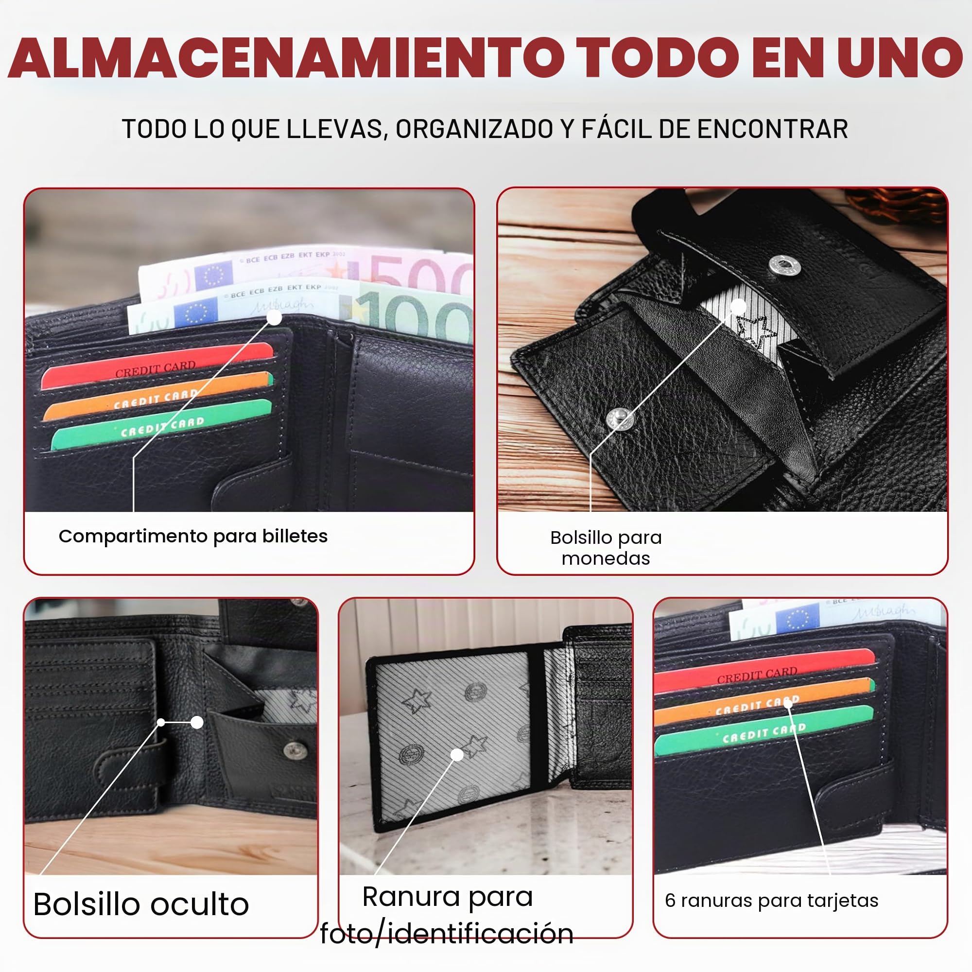 MORUCHA Cartera negra de cuero con bloqueo RFID para hombre, 6 ranuras para tarjetas de crédito, 2 compartimentos para monedas, 1 bolsillo para monedas, 1 cartera para tarjetas de identificación #M25