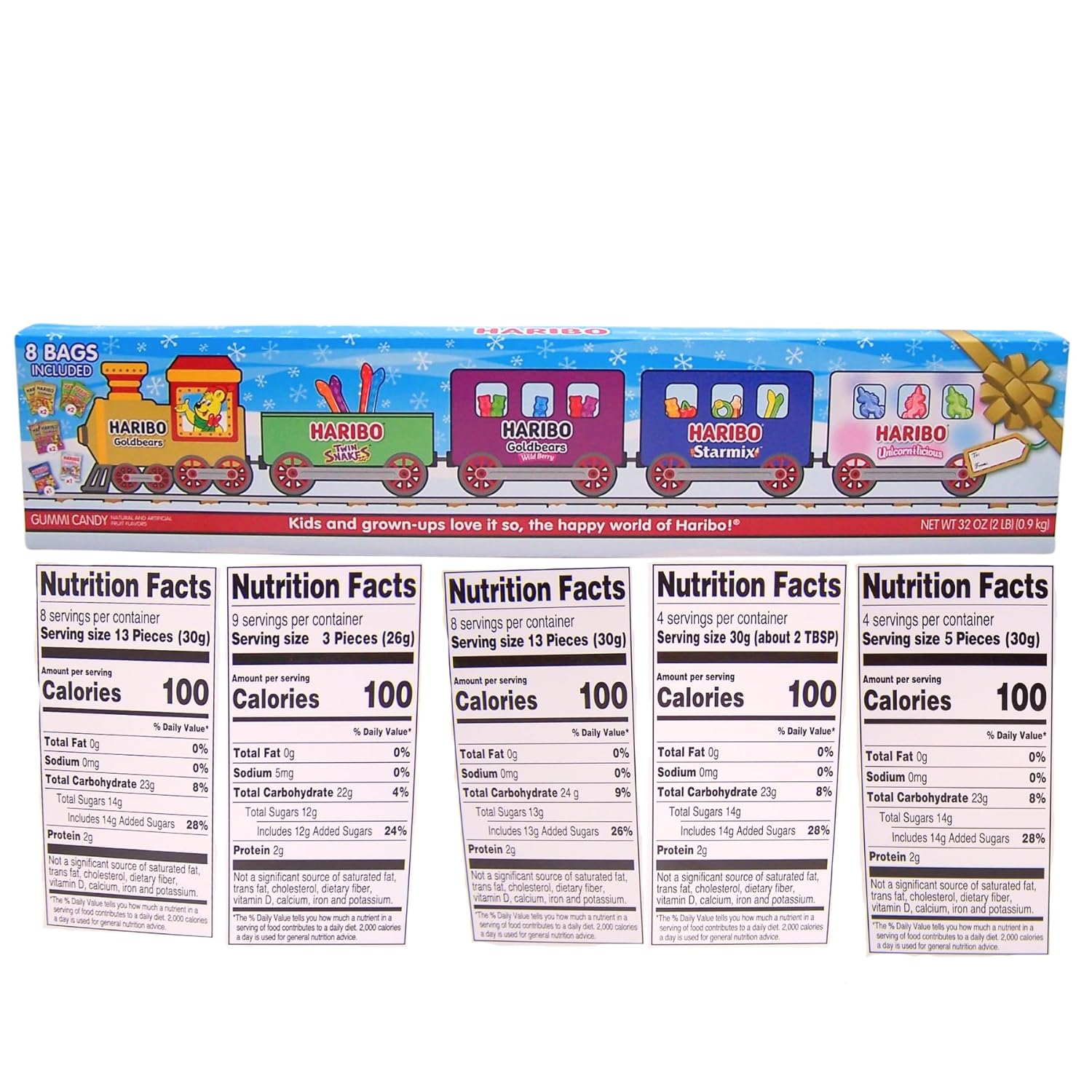 Haribo Holiday Train Assorted Gummy Bears & Candy, Holiday Candy Gift, Stocking Stuffer Gift, 8 Bags Included, 32 Ounces