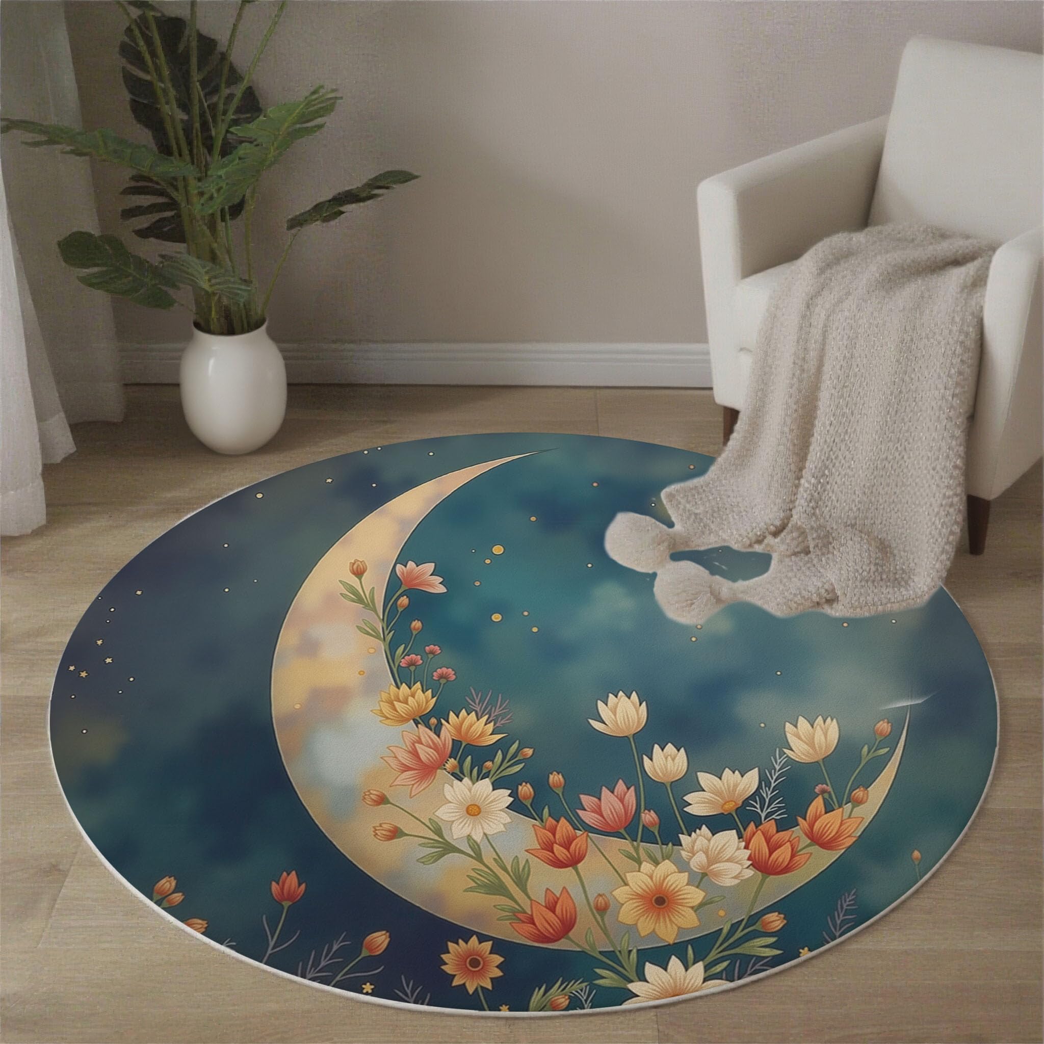 Tapis Rond 120cm, Lune Fleurs Ciel Étoilé Imprimé Décoration Antidérapant Bleu Rêveur Romantique Tapis de Sol, pour Salon Chambre Cuisine Balcon Terrasse Salle à Manger - Facile À Nettoyer