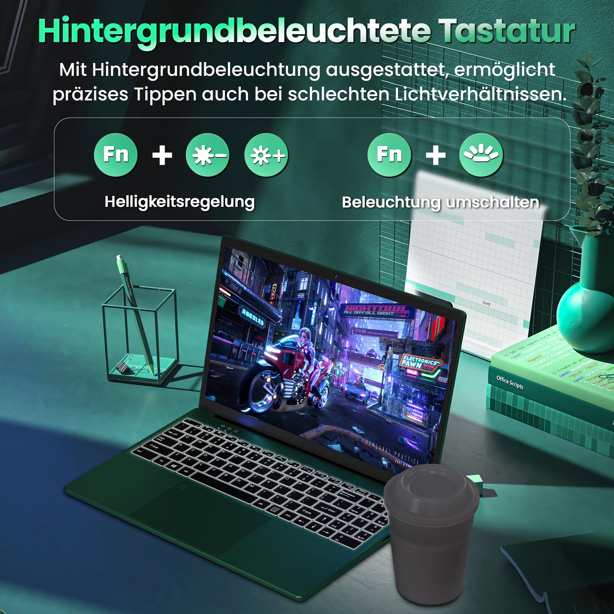 16-Zoll Business Laptop, 16GB RAM, 512GB SSD, 6500Y CPU bis zu 3,40 GHz | FHD IPS Display, Fingerabdruck, beleuchtete Tastatur, USB 3.0, WLAN, Type-C Charging, Grüner Notebook für, Arbeit, Schule