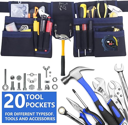 Miniatura 6 de Cinturón de herramientas, 20 bolsillos para hombres, bolsa de herramientas desmontable y ajustable para electricista, carpintero, construcción,