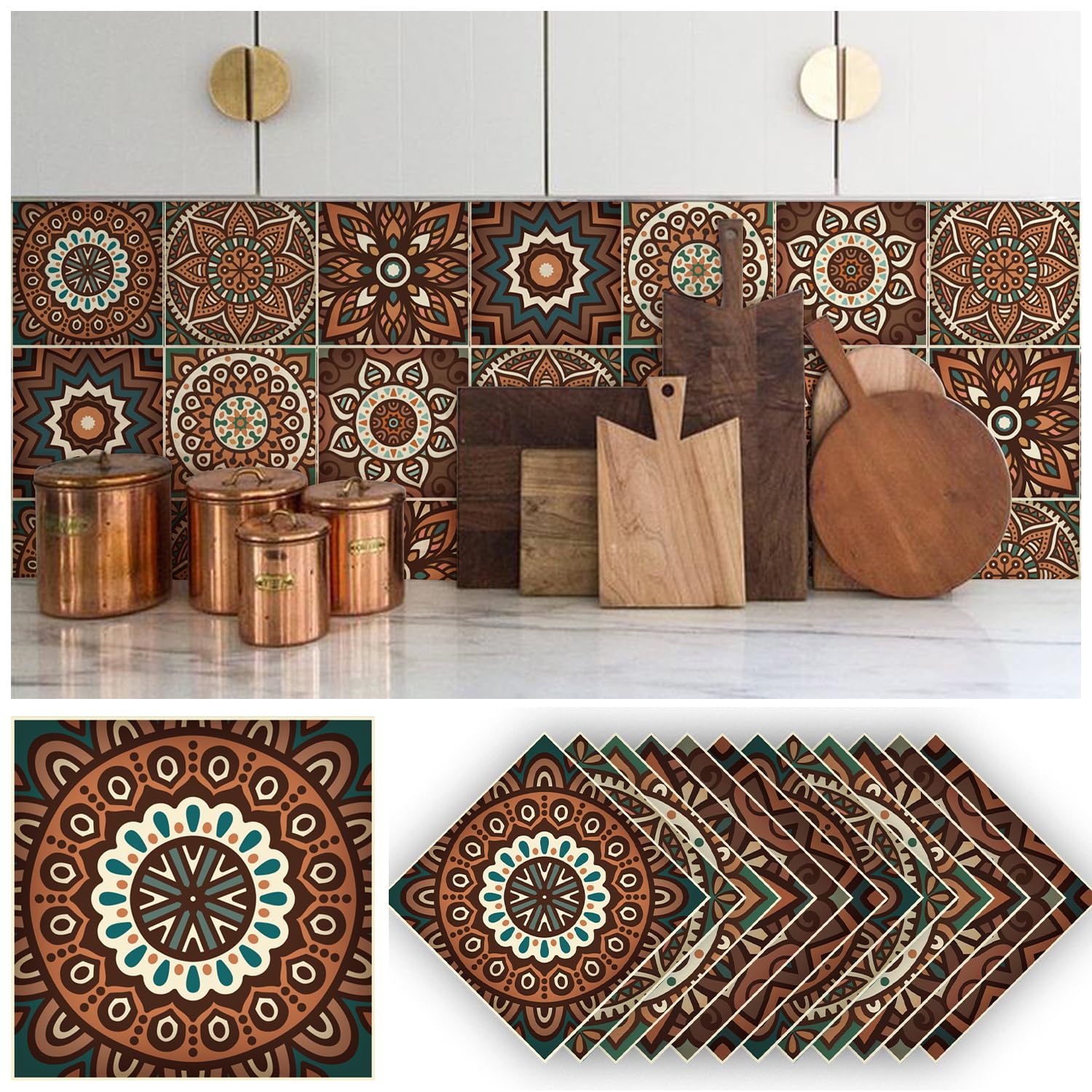 Alwayspon 24PcsX20cm/8inch Mandala Vinyl Wall Tile Sticker Transfer, Waterproof Sticky Back Tile Sticker for Kitchen Bathroom Self-adhesive Peel and Stick PVC Stick on Tile, Brown T57