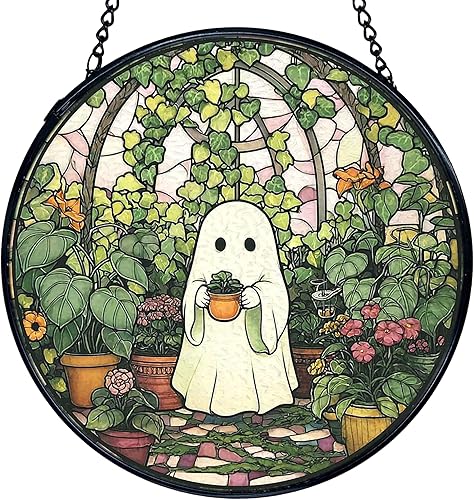 TNUW Fantasma de Halloween para colgar en la ventana, atrapasoles de fantasmas de Halloween, decoración de pared redonda de cristal para ventana