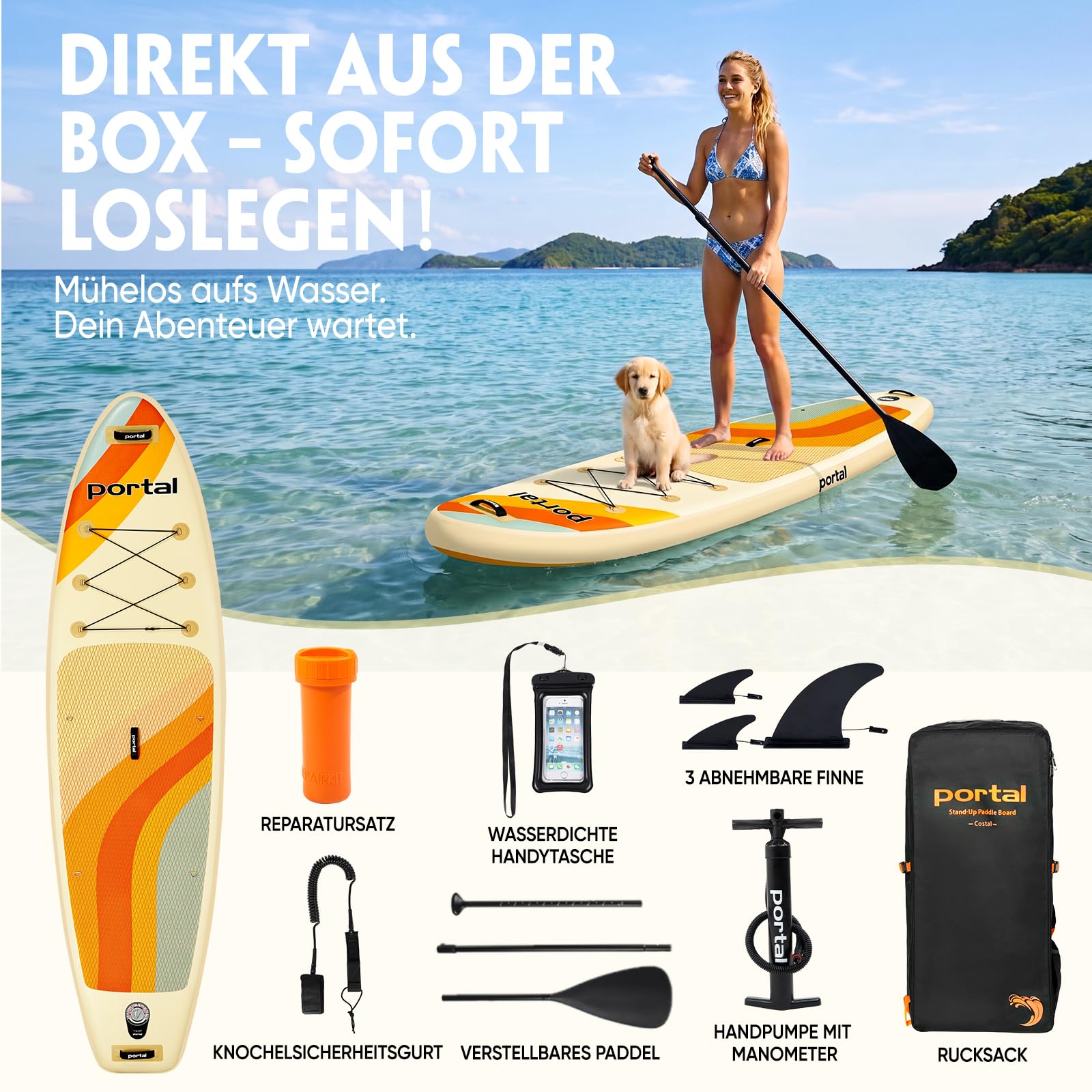 Portal Stand Up Paddle Board, 10'6x33x6 Aufblasbare Paddle Boards mit SUP-Zubehör inklusive Tragetasche, Handpumpe, Paddel, Leine, Flosse, Reparaturset, wasserdichte Handyhülle