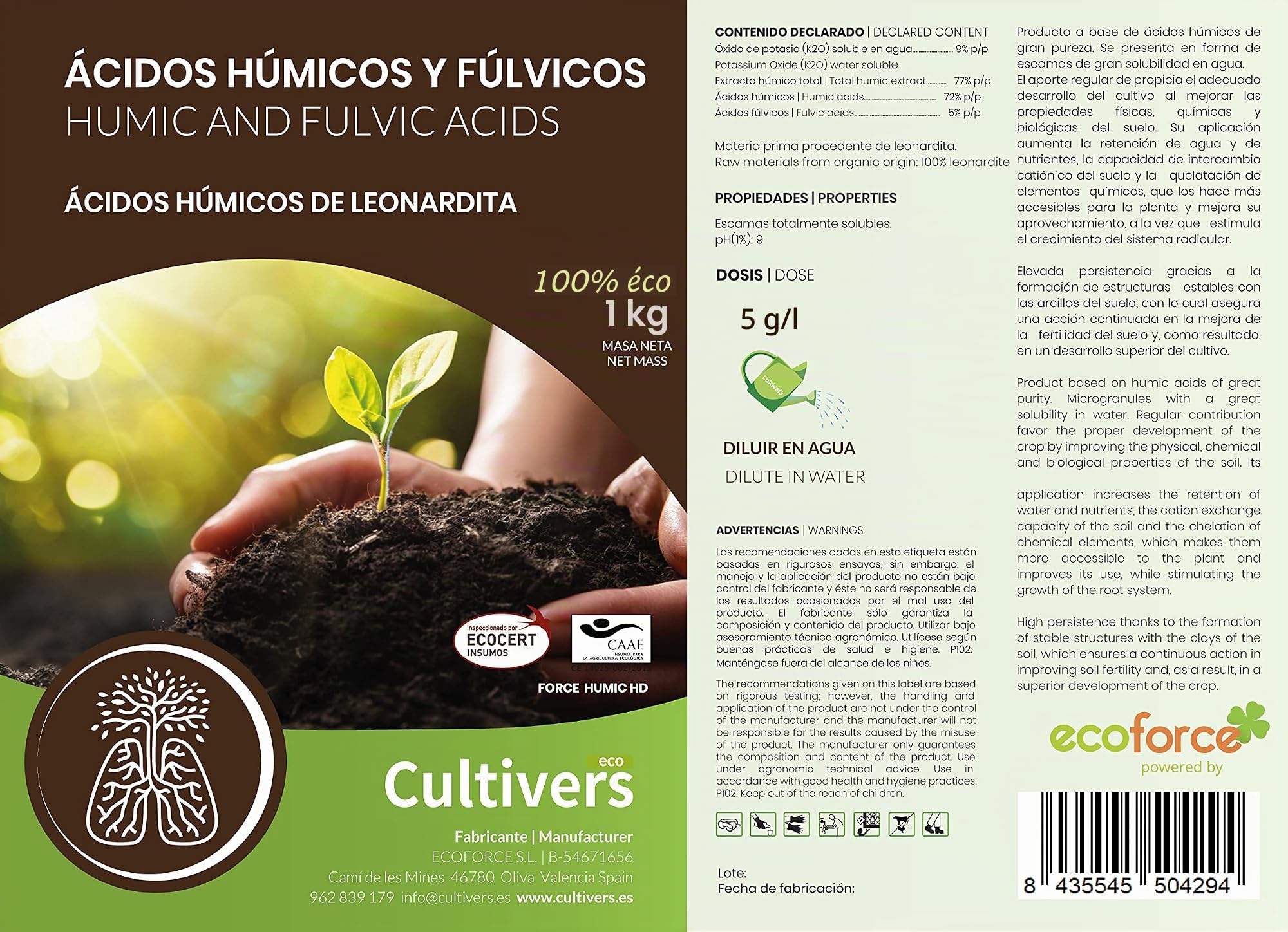 CULTIVERS Engrais acide humique et fulvique 5 kg. Engrais super concentré à 82%. Produit Leonardite 100% soluble. avec enregistrement écologique