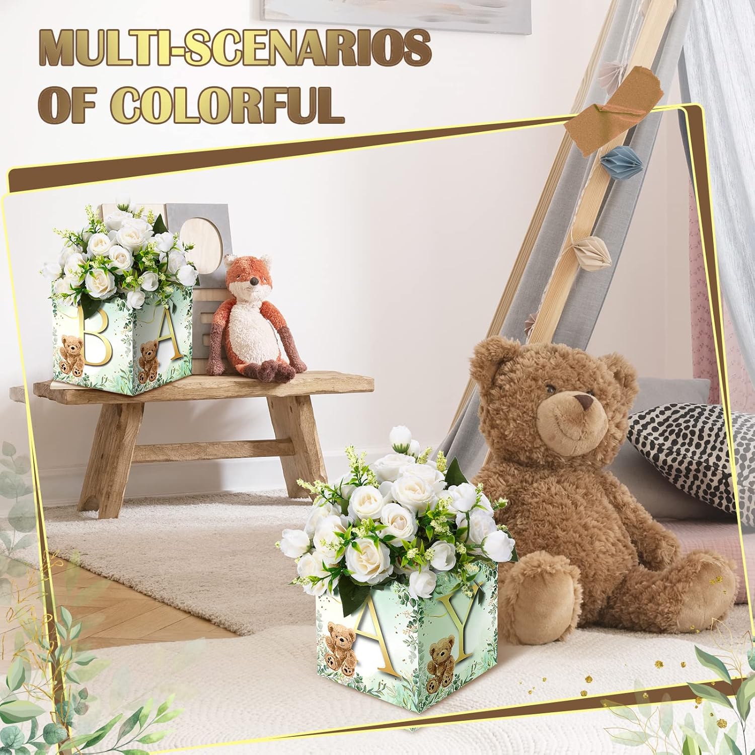 Bucherry 6 Pcs Baby Shower Flower Boxes Baby Shower Centerpieces for Tables Display with Letters Gender Reveal Party Favor Block Holder(Green,Green Bear)