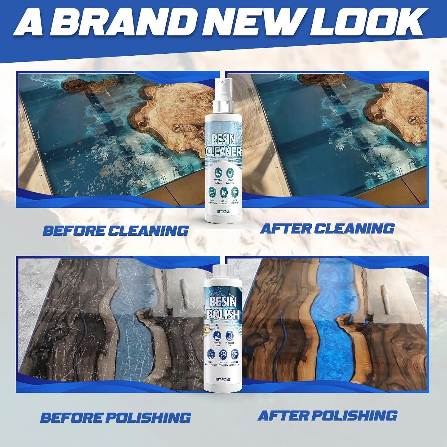 Resin Polishing Kit, Resin Remover with Scraper Gloves and Cloth Fast Penetration Precise Removes Scratches and Scuffs for Resins Countertops Floors Furniture Crafts, 250ml+200ml