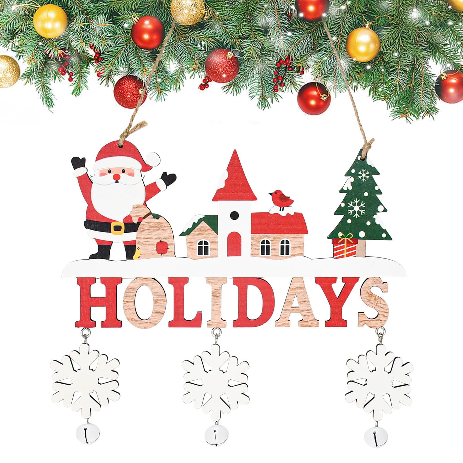 Kleemeiero Adorno Navidad de Madera Letrero de Navidad HOLIDAYS Decoración Colgante de Navidad con Papá Noel Campanillas Alce y Nieve Decoracion Navideña Puerta Señal de Navidad para Interior Exterior