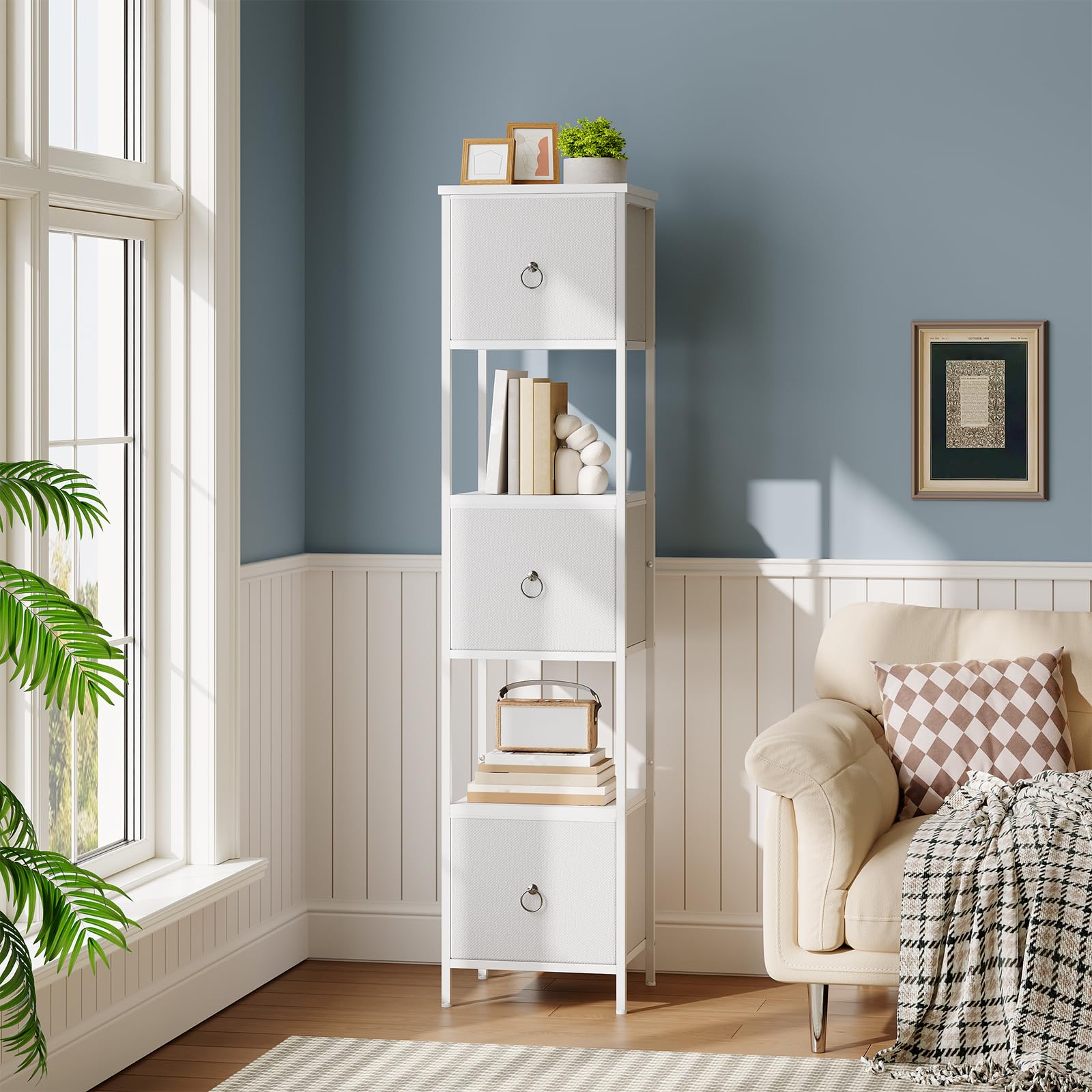 Meuble De Salle De Bain étroit Pour Coin – 3 Tiroirs Tissu, Rangement Ouvert/fermé, Style Industriel Blanc - 9