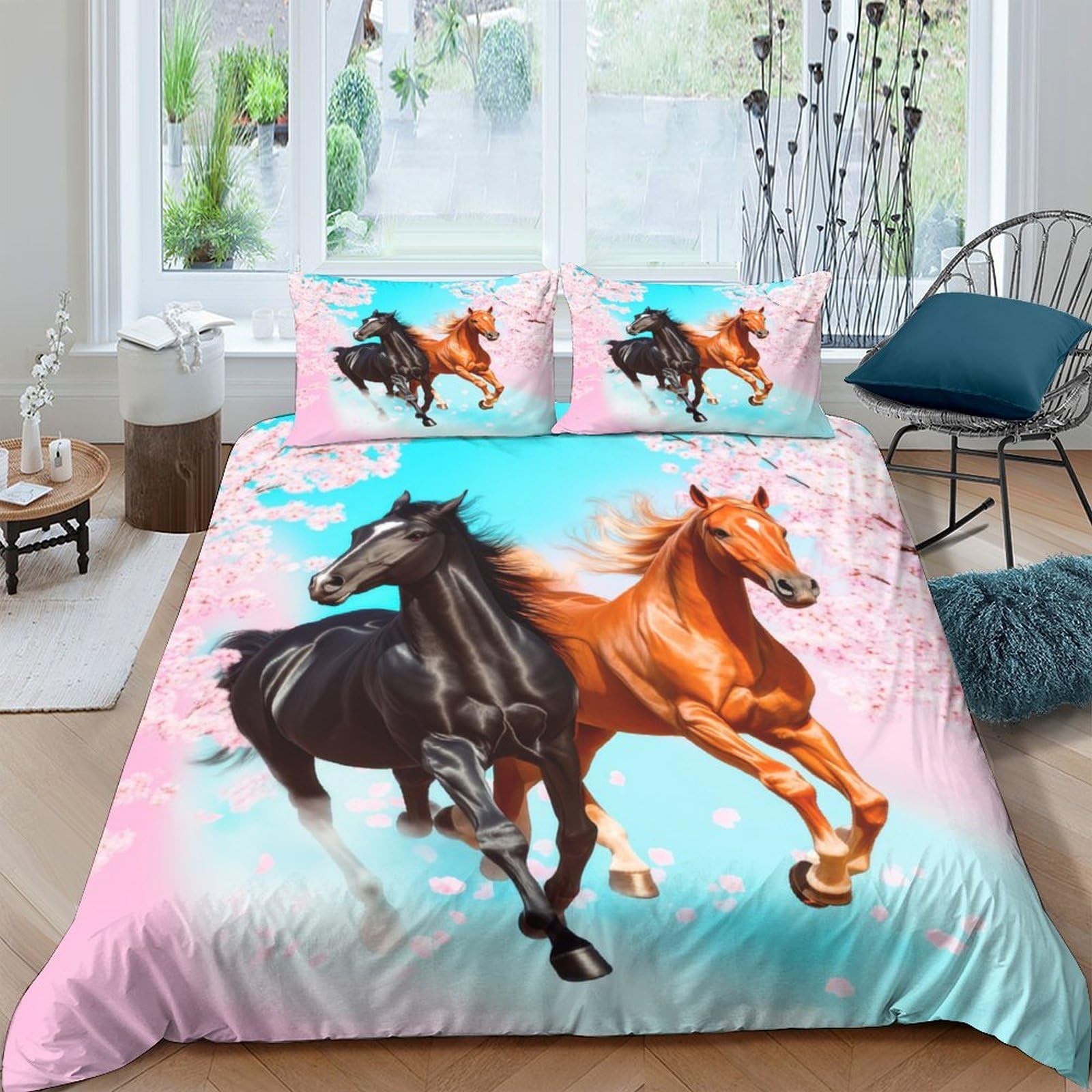 Ctjqhvkz Style-6 3D Printed Running Horses Fitted Sheet Microfiber Soft Pink Blue Wild Horse Mattress Cover For Bedroom Dorm Decor Single（135X200cm）