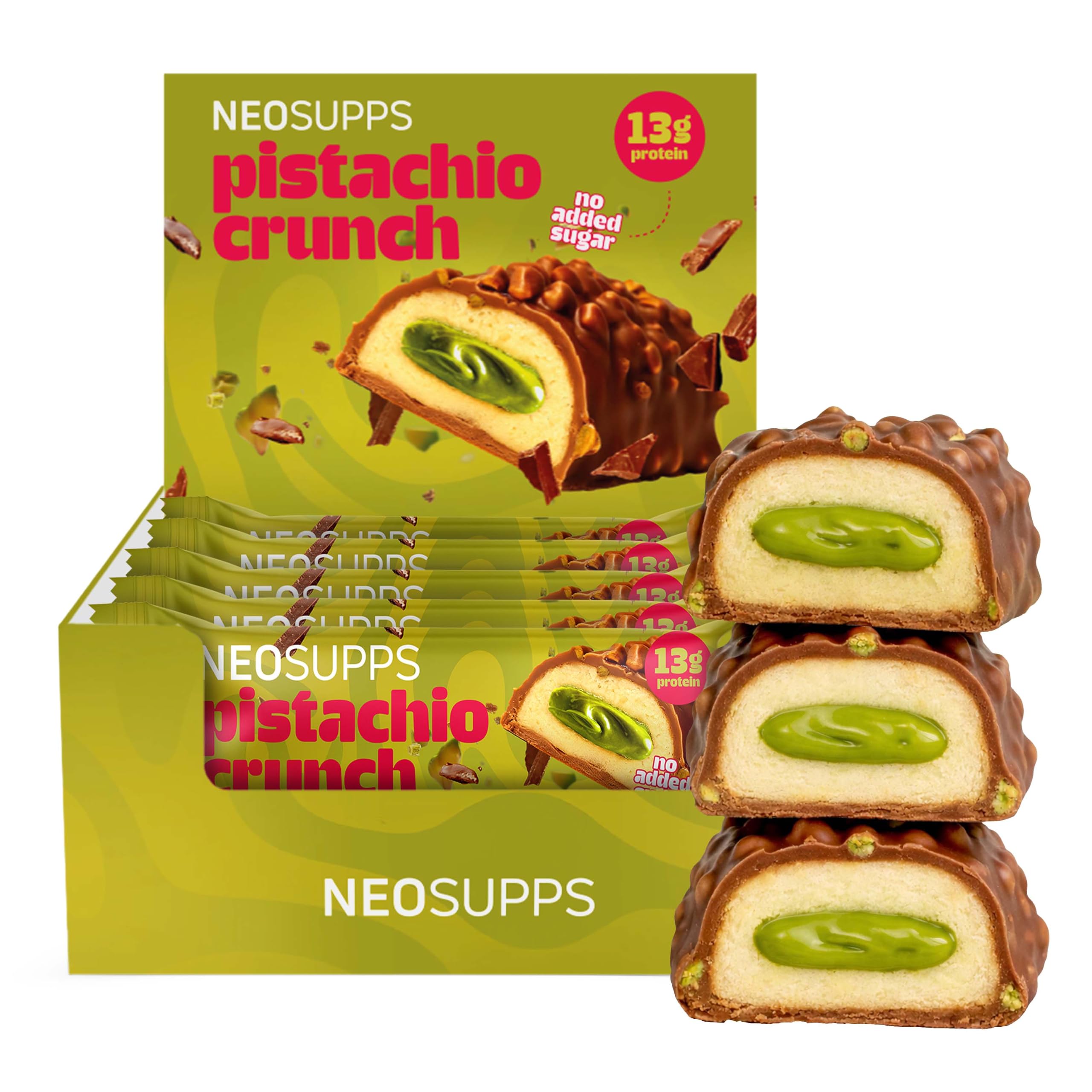 Neosupps Protein Bar Pistachio Crunch 12x45g, Proteinriegel mit 13g Protein & nur 1,8g Zucker, Eiweißriegel mit echten Pistazienstücken & Vollmilchschokolade, low-sugar, high Protein Riegel