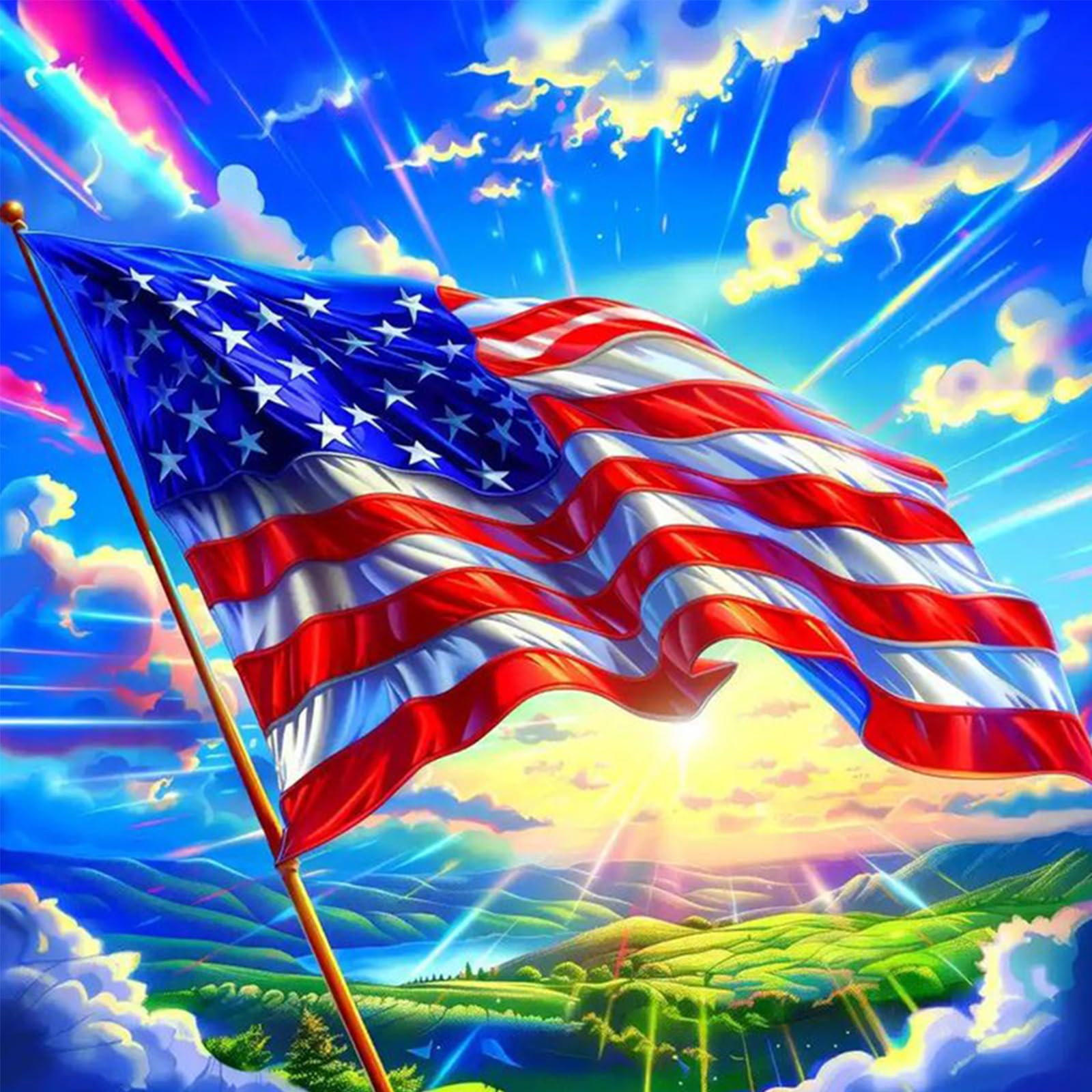 Poetrydraw G008 Diy Independence Day Flag Paint By Numbers Kit 15.75X15.75in Canvas Oil Painting For Beginners & Adults, Wall Decor (G008)
