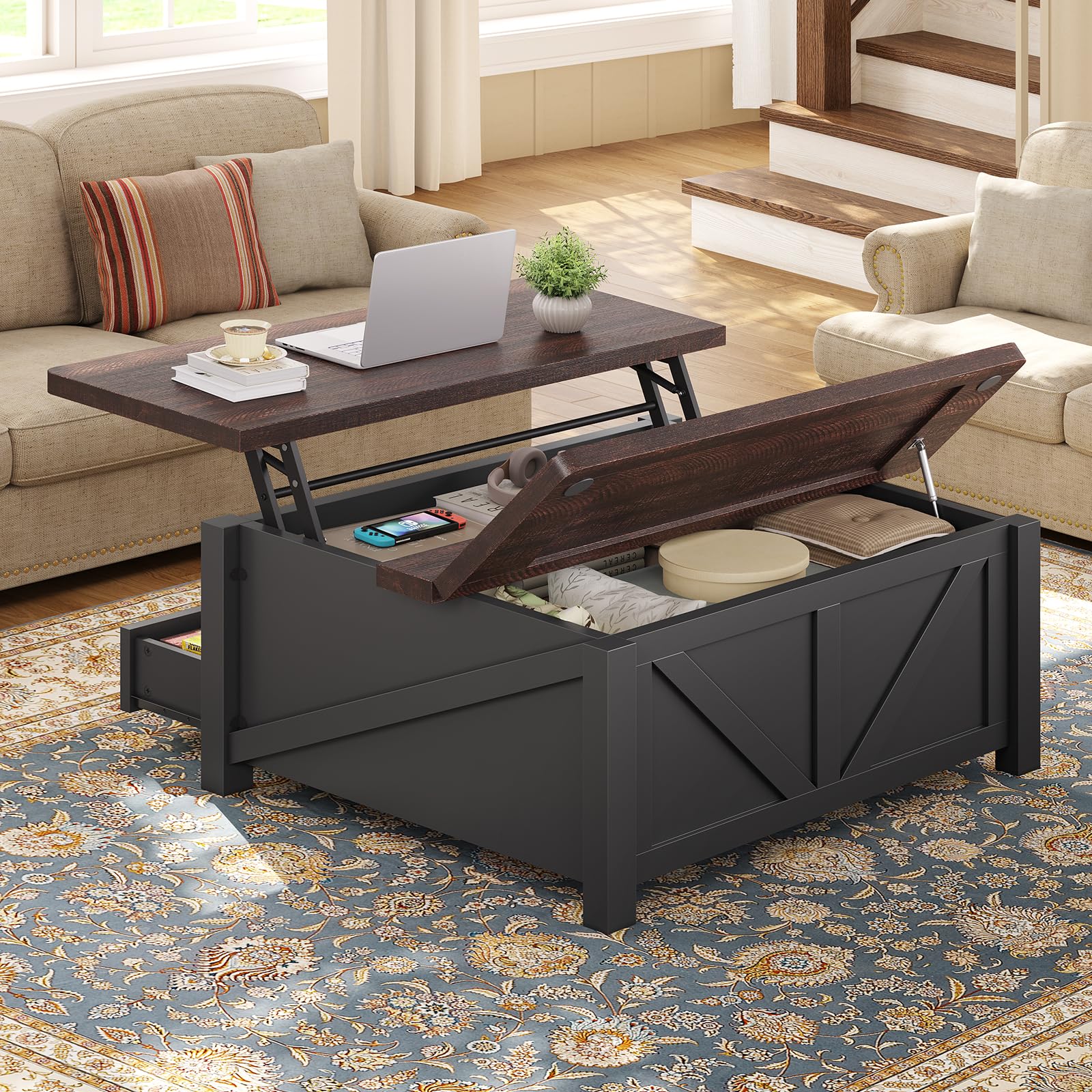 Itaar Wooden Coffee Table, Lift Top Coffee Table with Storage, Square Coffee Tables with Drawers and Hidden Compartment, Center Table for Living Room, Home Office, BlackThe Forest Stewardship Council