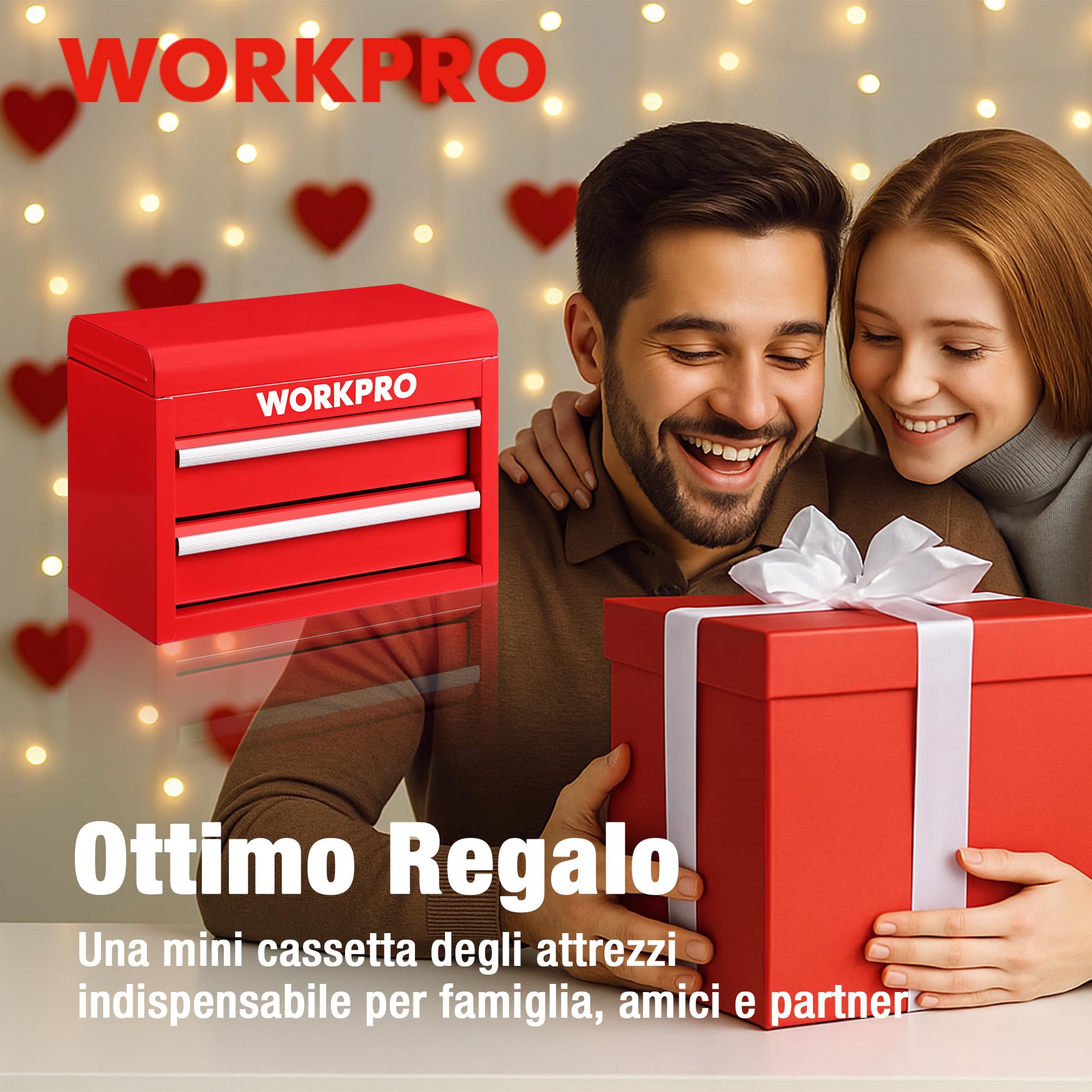 WORKPRO Mini Cassetta degli Attrezzi in Metallo con 2 Cassetti e & Superiore, 27,5 x 15 x 20,8 cm, Portatile, Ideale per Ufficio e Tavolo da Trucco - Rosso