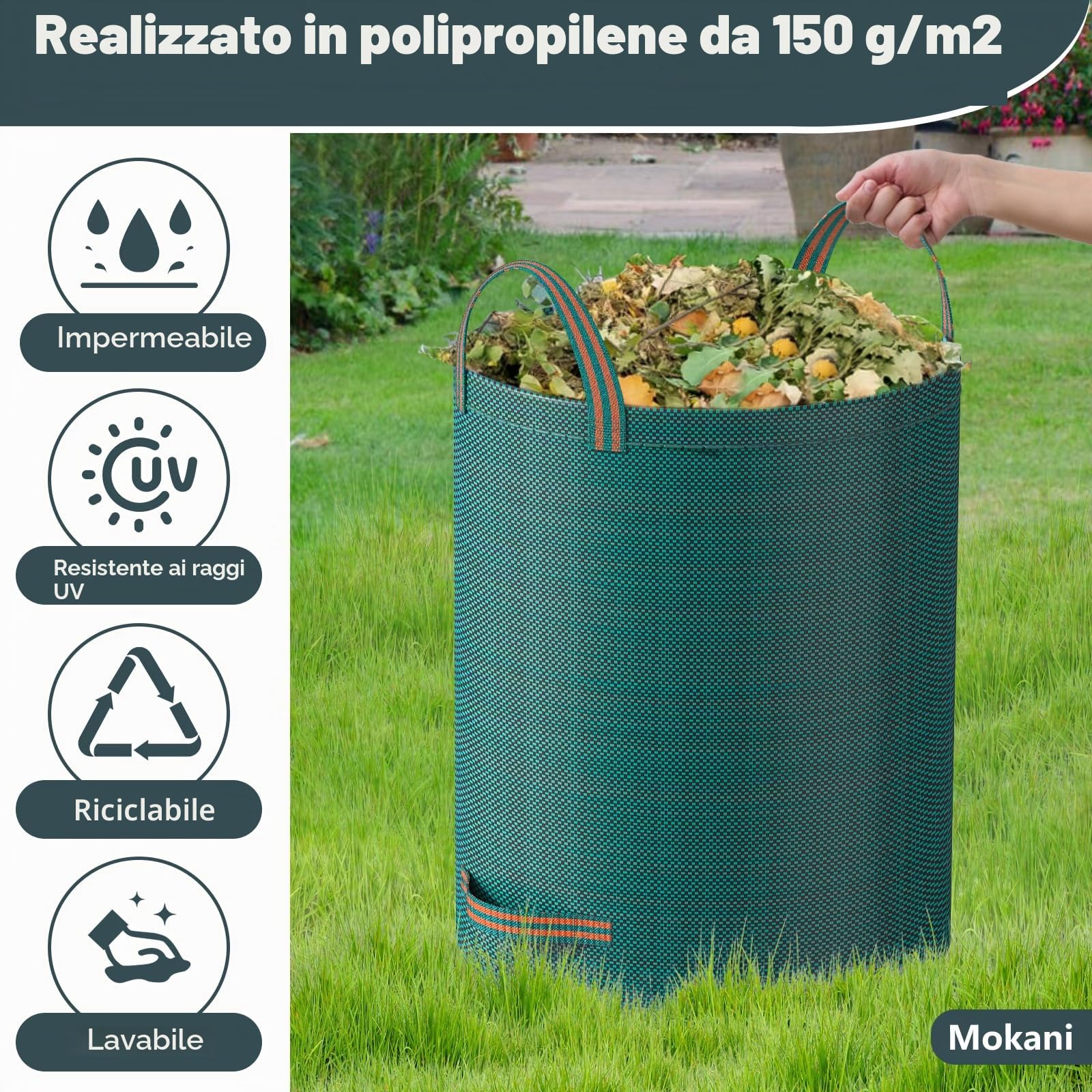 Mokani Sacchetti per rifiuti da giardino, resistenti, con manici, 300 l x 3 sacchi riutilizzabili da giardino, pieghevoli, sacchetti per riciclaggio da campeggio, per foglie, rifiuti, detriti e