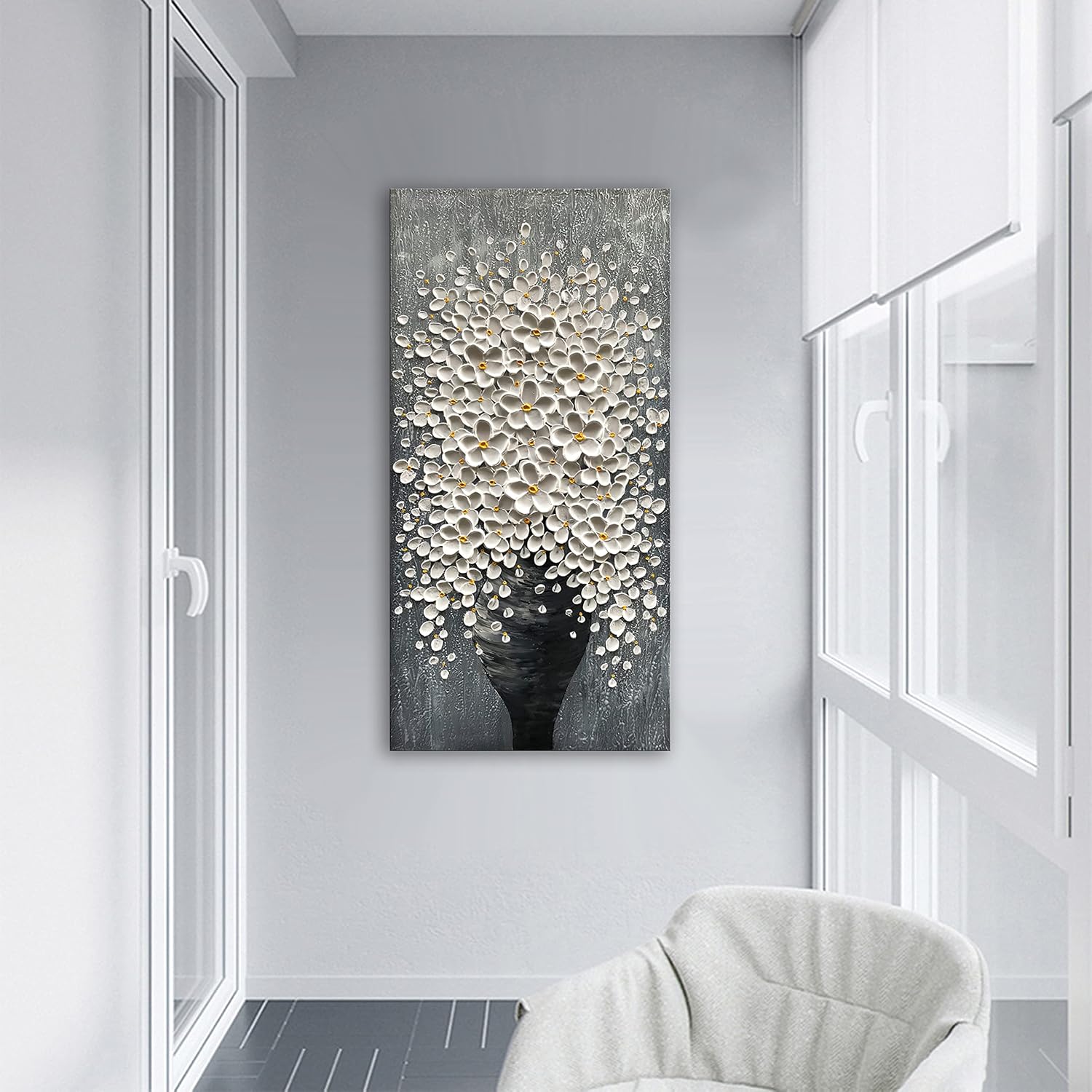 Epicler 20x40 Hand-Painted Painting for Wall Decoration, White Bouquet in vase, Home Wall Decoration.
