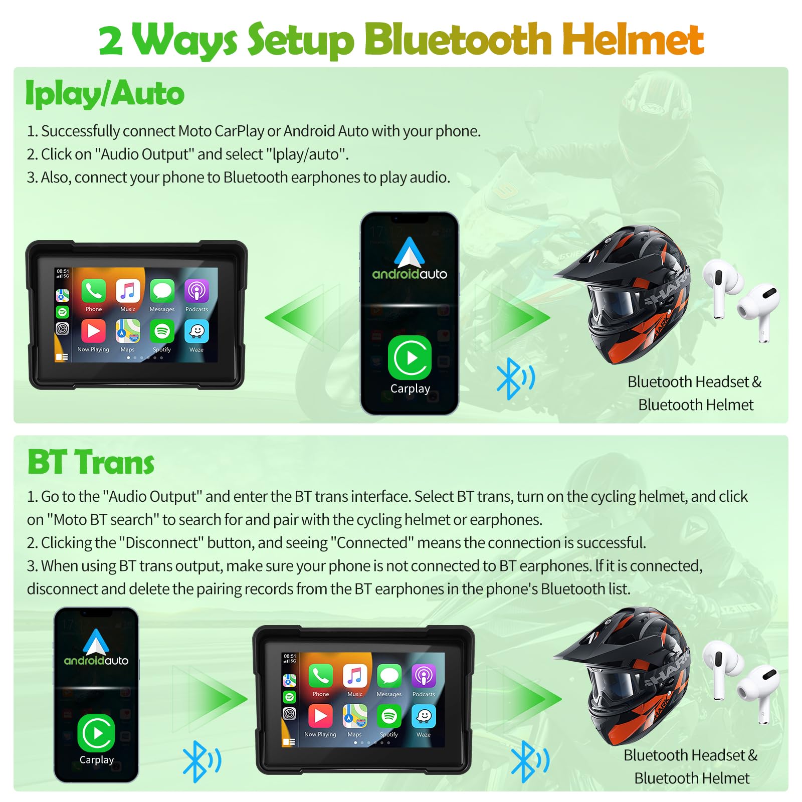 Pantalla Inalámbrica CarPlay y Android Auto de 5 Pulgadas para Motocicleta, Pantalla Táctil IPS Portátil, GPS/Bluetooth/Control por Voz/IPX7 Impermeable, Compatible con Siri/Google Assistant