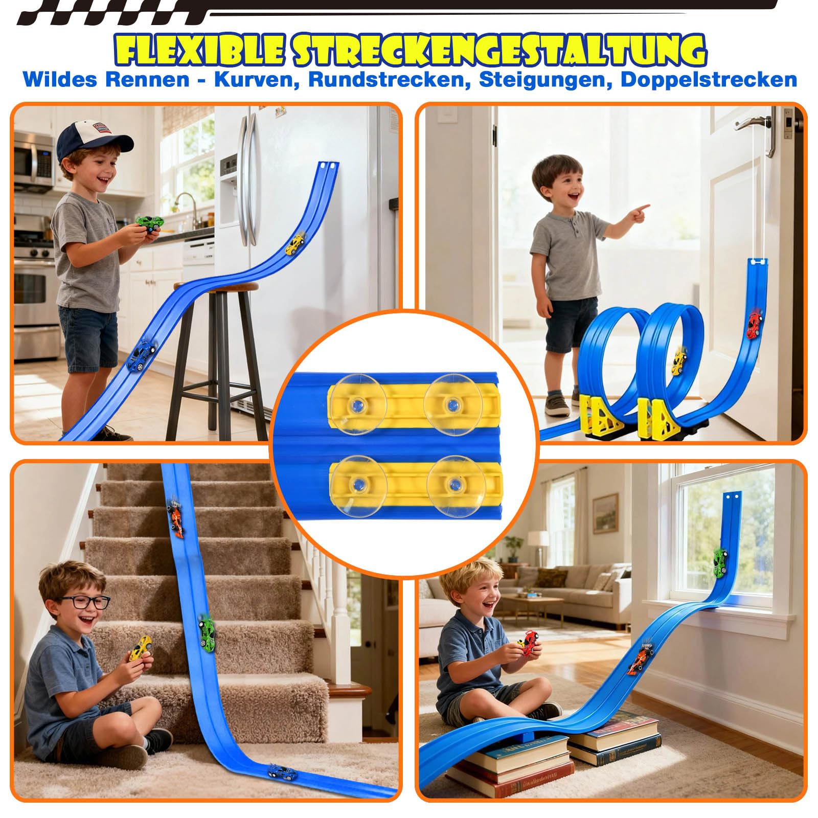 Circuit Voiture Enfant 5M, Piste de Course pour Voiture Double, 1:64 Circuit Flexible Voies avec 6 Voitures, Circuit de Voiture avec Sac de Rangement Ventouse Cadeau pour Garçons Filles (Bleu)