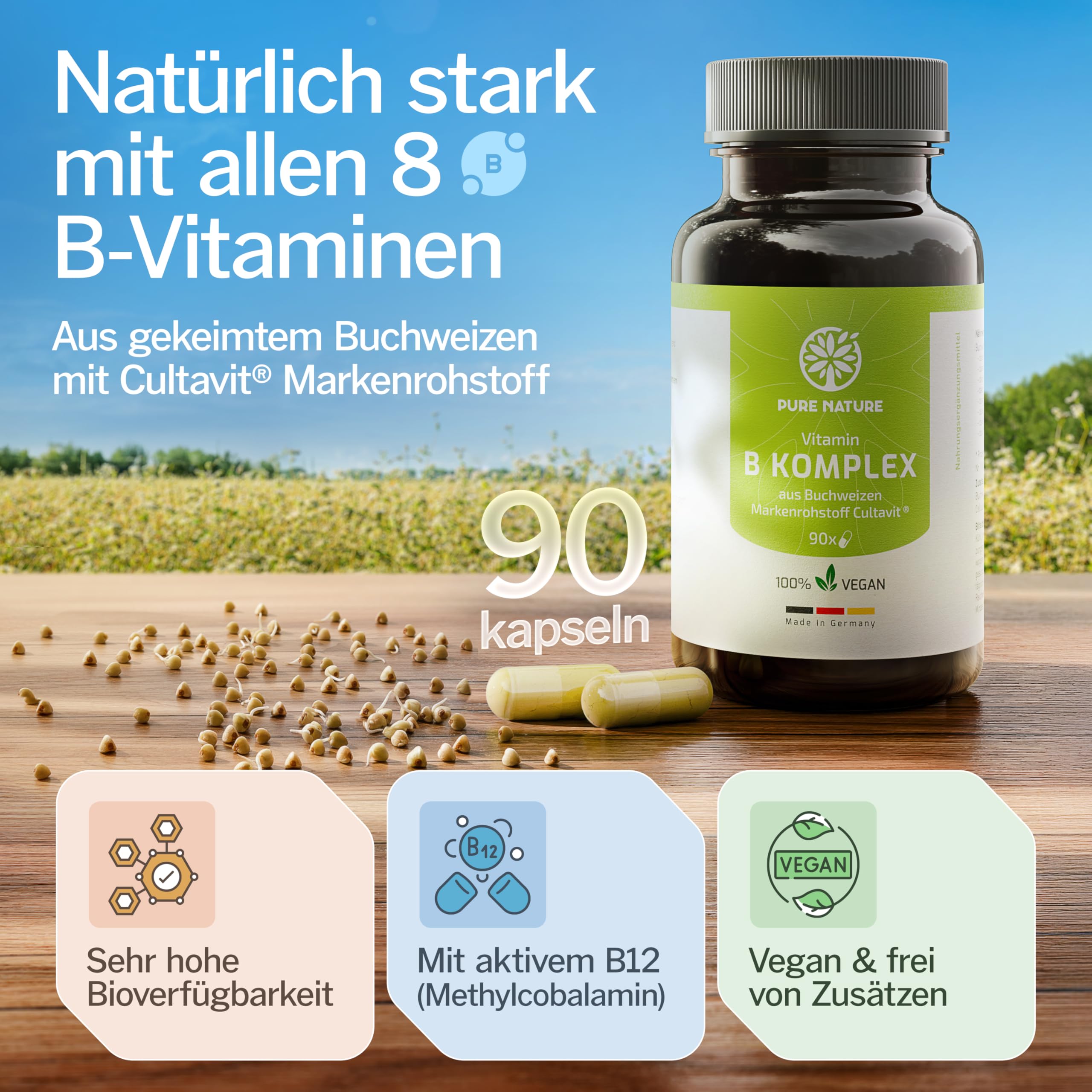 Vitamin B Komplex hochdosiert rein aus Buchweizen I 1000 mg Tagesdosis 8in1 B Vitamine I 2 x 90 Kapseln I Höchste Bioverfügbarkeit I Alle B-Vitamine I Mit B12 Vitamin OHNE Zusätze