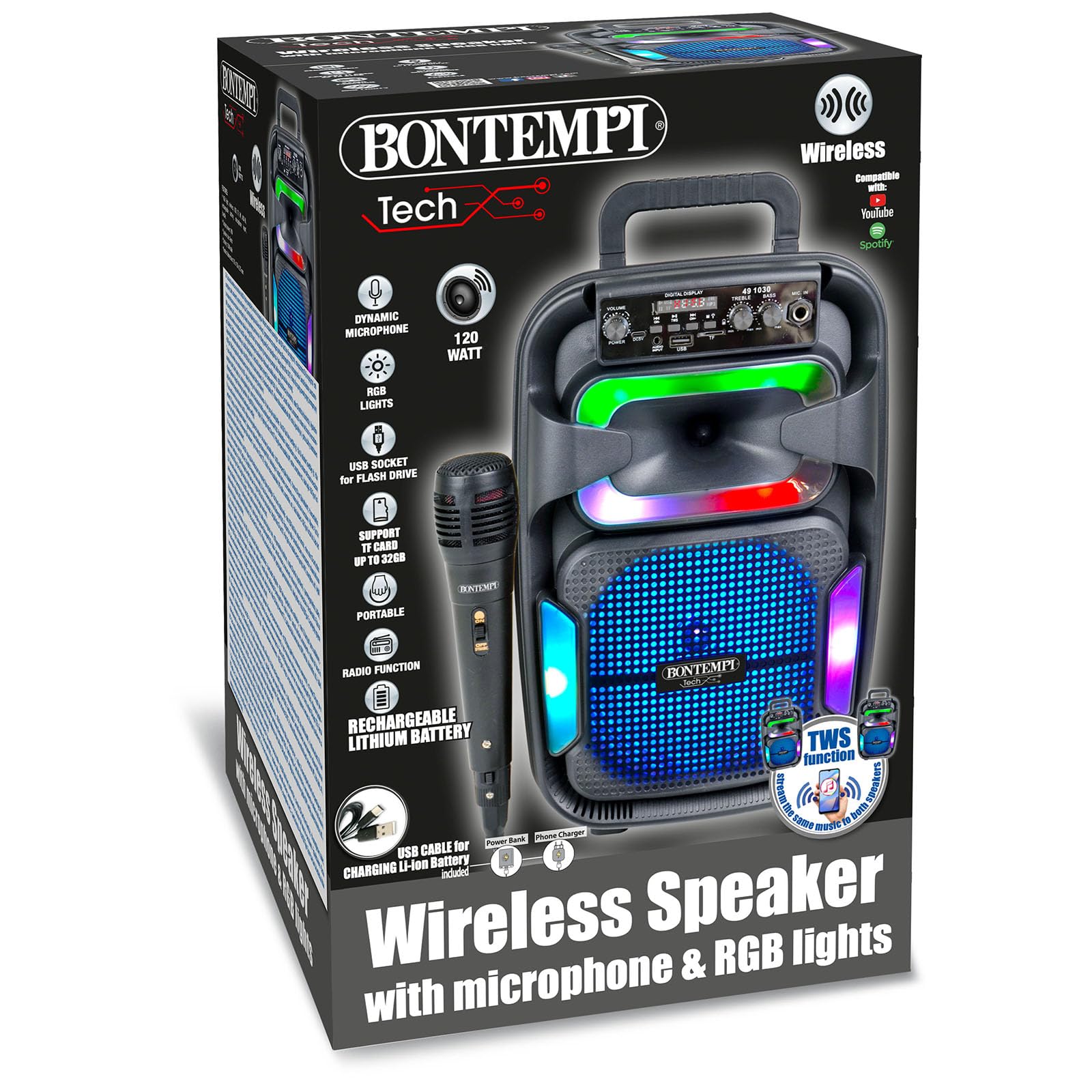 Bontempi | SonicSync - Amplificatore Wireless Karaoke con Microfono Dinamico, Effetti Luminosi, Regolatore Alti e Bassi, Funzione TWS, 38,2x24,9x21,9 cm
