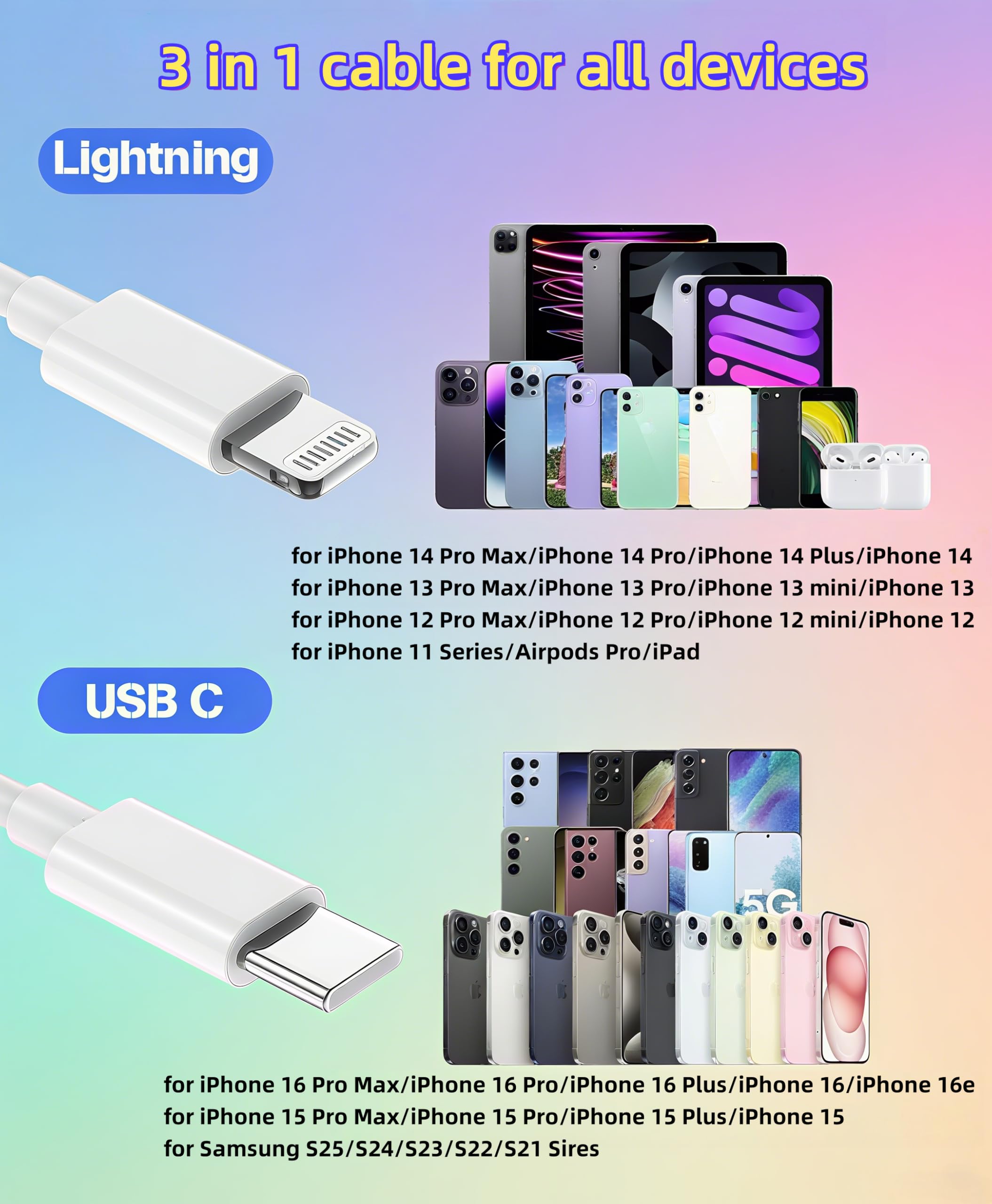 Cavo di ricarica multiplo USB C 1,8 m, cavo di ricarica 3 in 1 e cavo Lightning per caricabatterie rapido per più dispositivi, triplo caricabatterie universale con USBC a connettori multipli per