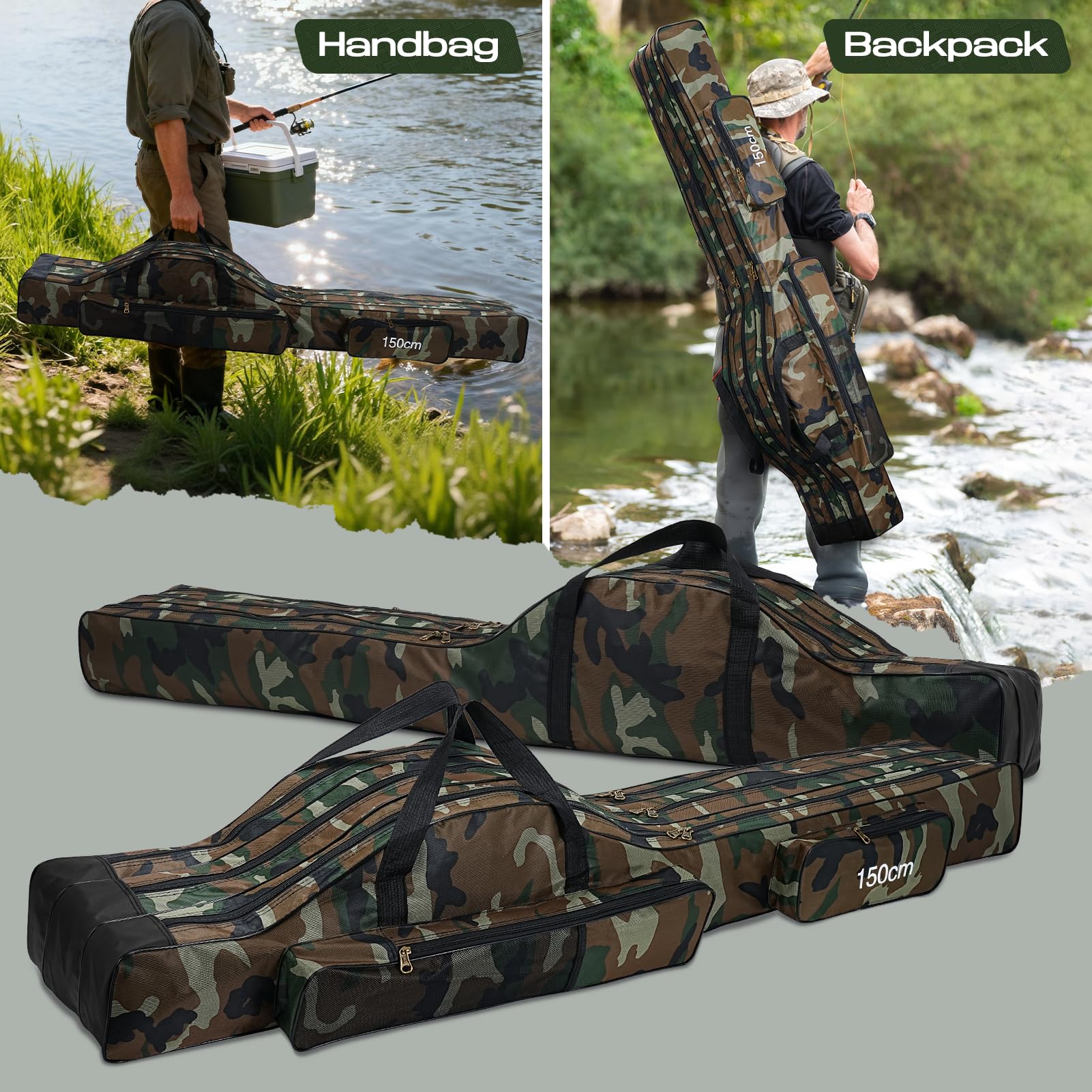 Bolsa para Caña de Pescar Portátil, 150cm Plegable Alta Capacidad Bolsa de Almacenamiento para Caña de Pescar con 3 Capas Impermeable Duradero Bolsa de Transporte para Caña de Pescar (Marrón)