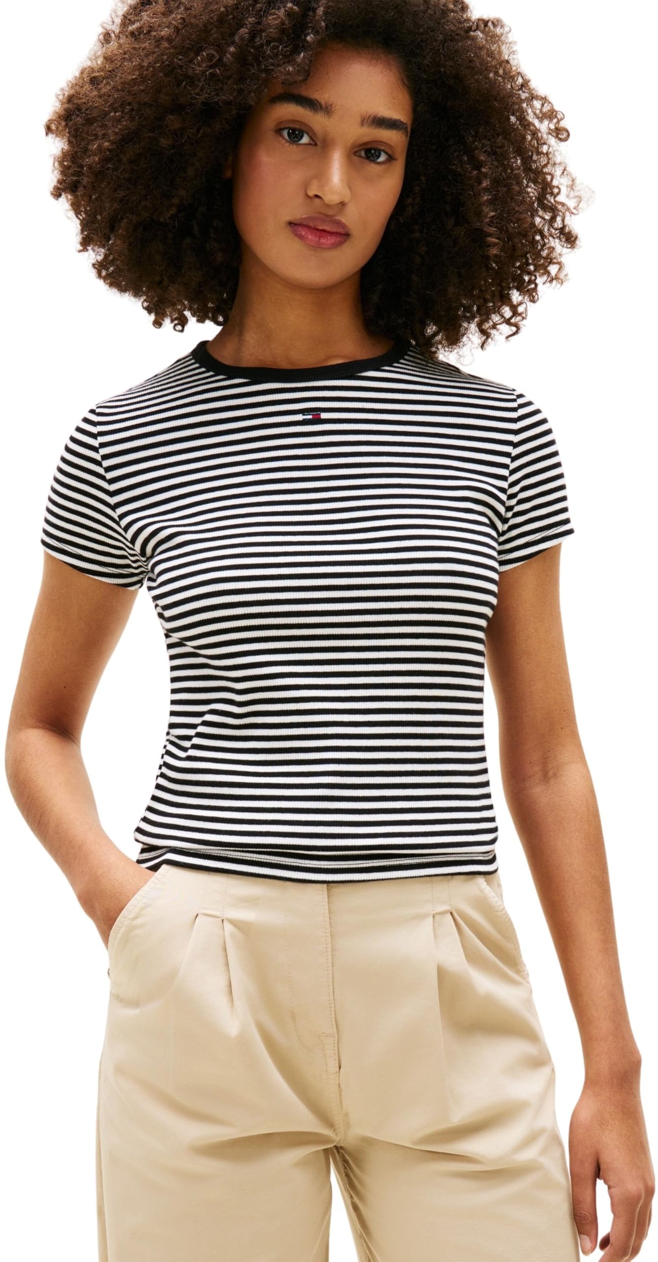 Tommy Jeans Women's Tjw Slim Essential Rib Ss Ext Dw0Dw17383 S/S T-Shirt, Black (Black/Ecru Stripe), XXL