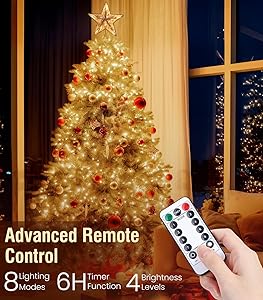 Luxspire Christmas Tree Star Topper, LED Glitter Metal 3D Christmas Decorations Lights, Remote & USB Operated Star Treetop for Home Party, 6H Timer & 8 Lighting Modes, Champagne Gold