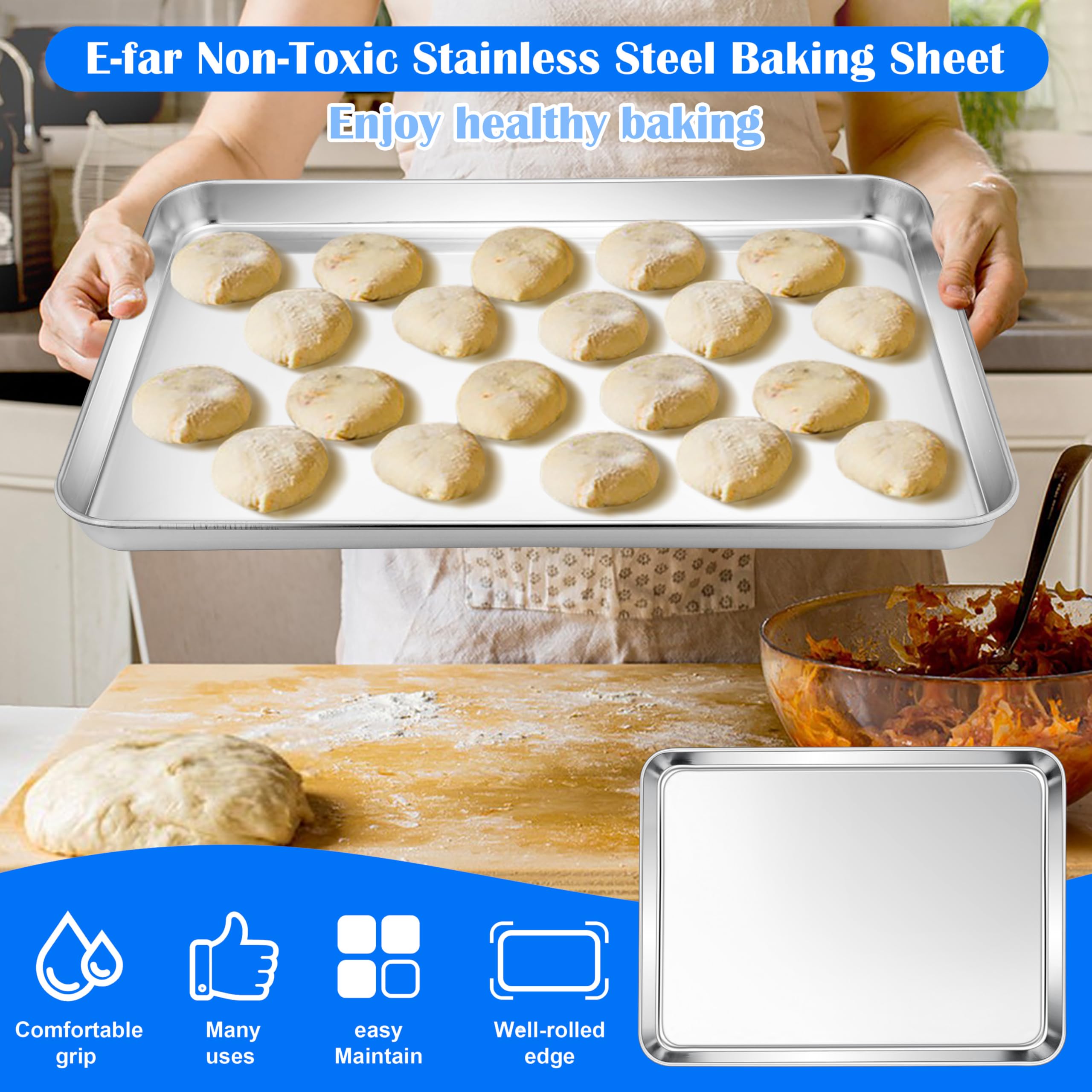 E-far Bandejas grandes para hornear, bandejas de acero inoxidable de 20 x 14 pulgadas para horno, bandejas de metal grandes no tóxicas para hornear galletas de pasteles, saludables y sin óxido,