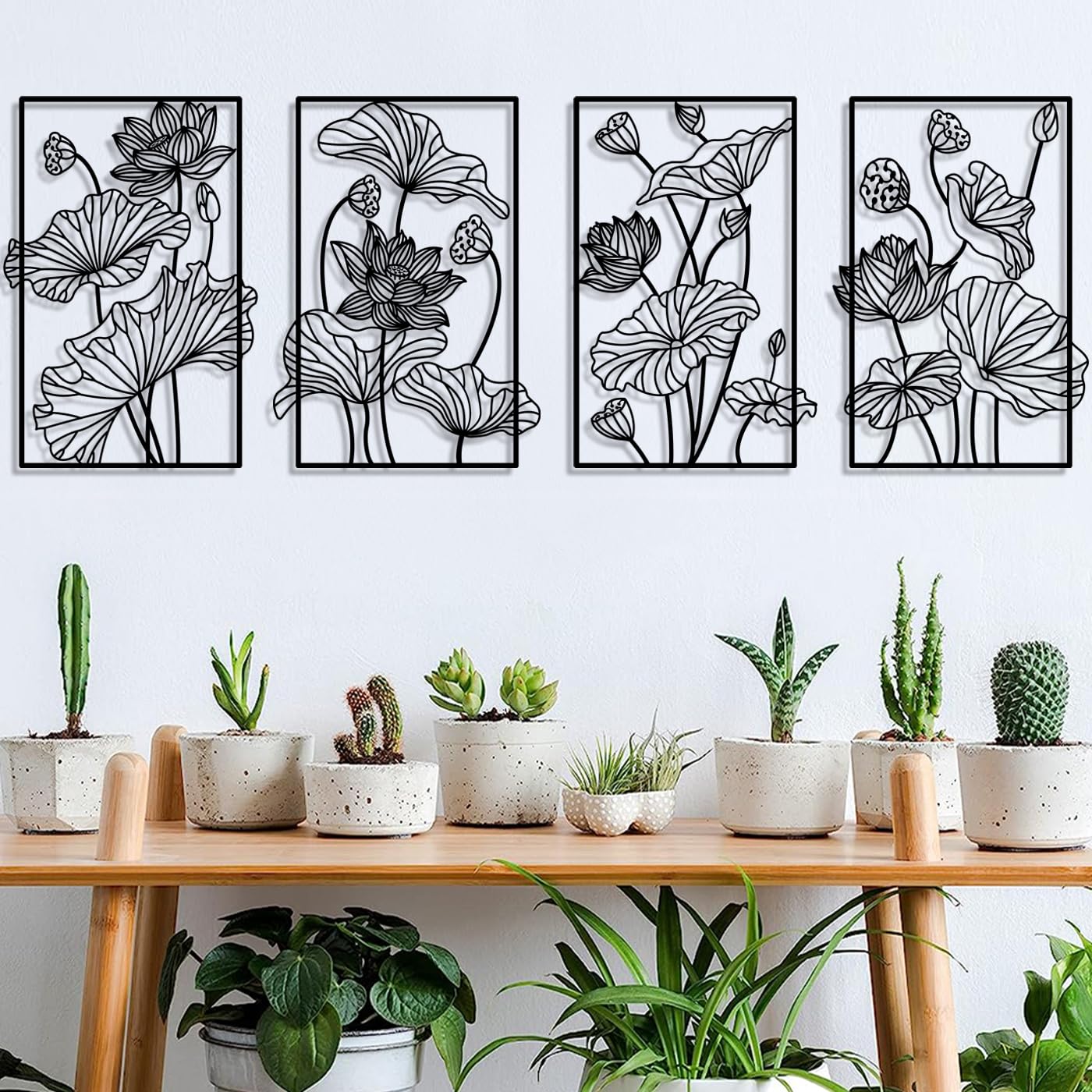 Metal abstracto de plantas florales Línea de Arte Decoración de Pared,Flor Minimalista Arte de Pared,Línea Flor Moderna Escultura Colgante 4 Paneles