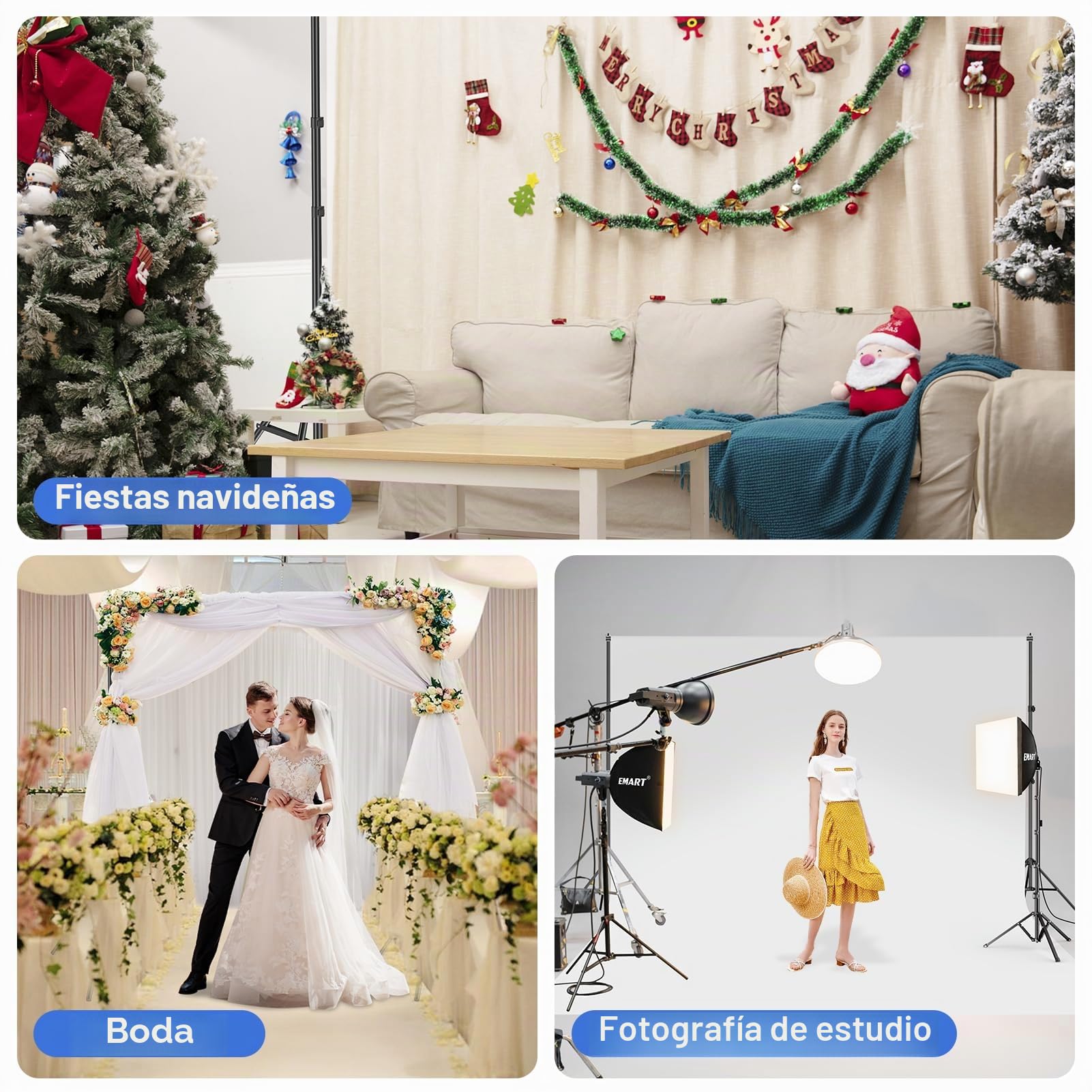 EMART Soporte Fondo Fotográfico 2mx3m, Kit de Sistema de Soporte de Fondo Ajustable con 8 Pinzas y 2 Bolsas de Arena para Retrato, Fotografía de Productos y Grabación de Video