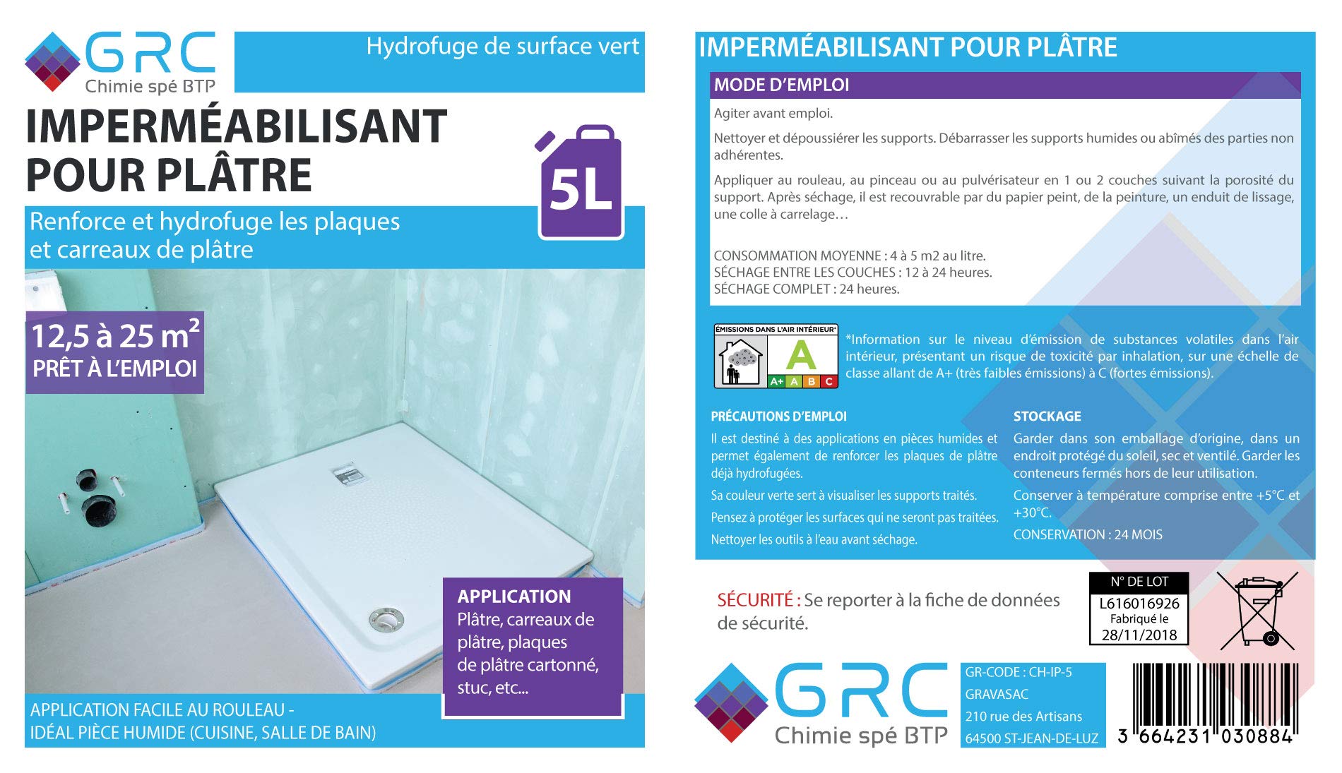 GRC – Imperméabilisant Hydrofuge pour Plâtre 5L – Protection Durable contre l’Humidité – Renforce et Étanchéifie les Supports Poreux – Usage Intérieur