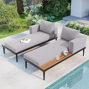 2 in 1 Outdoor Patio Daybed 2-Person Sun Bed with Adjustable Legs, Garden Reclining Chaise Lounge with Wood Topped Side Table for Drinks, Black Frame & Grey Cushion
