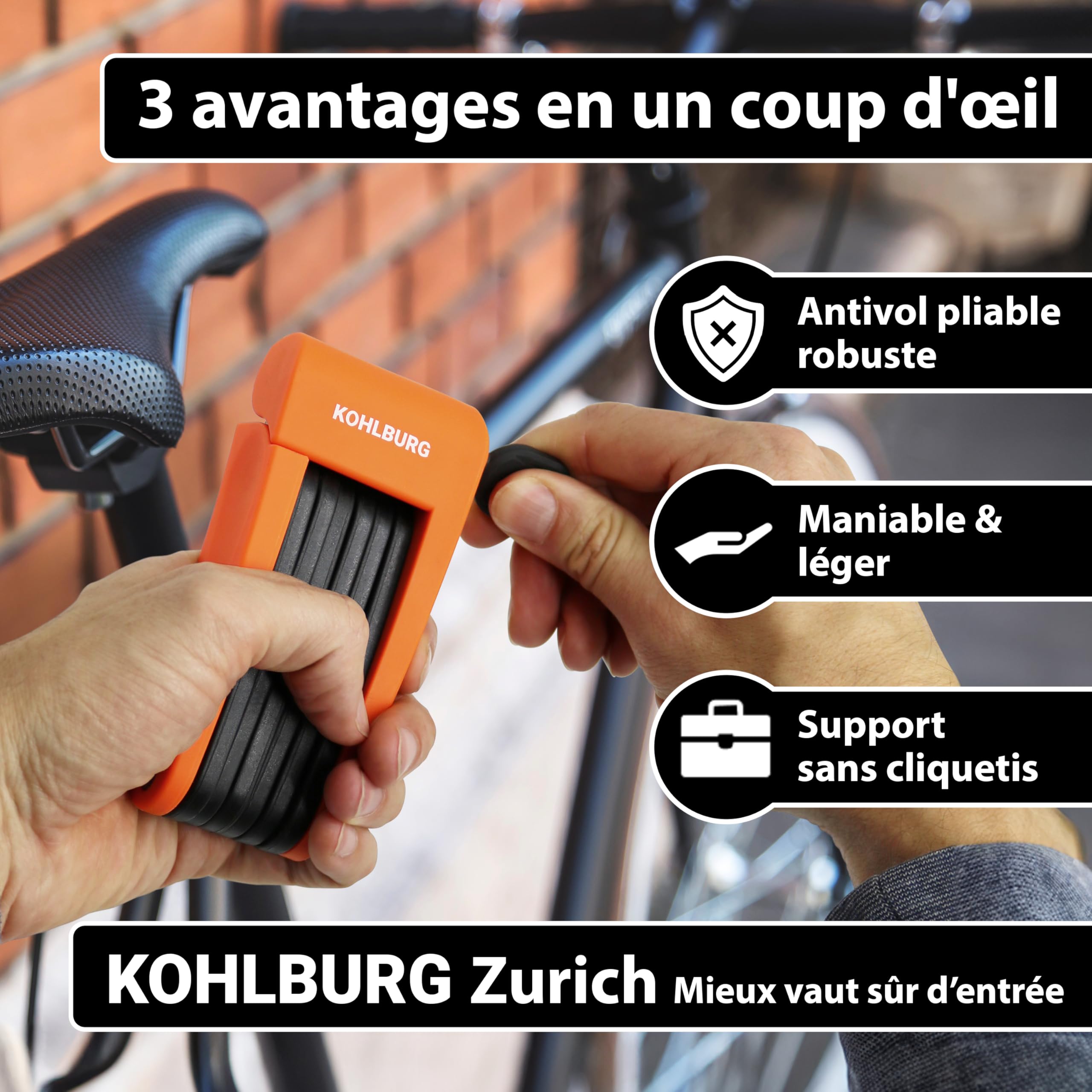 KOHLBURG Antivol pliable léger - 680 g léger et 70 cm de long avec support | Antivol velo en acier trempé, aussi comme antivol velo electrique, ebike et cadenas trotinette electrique