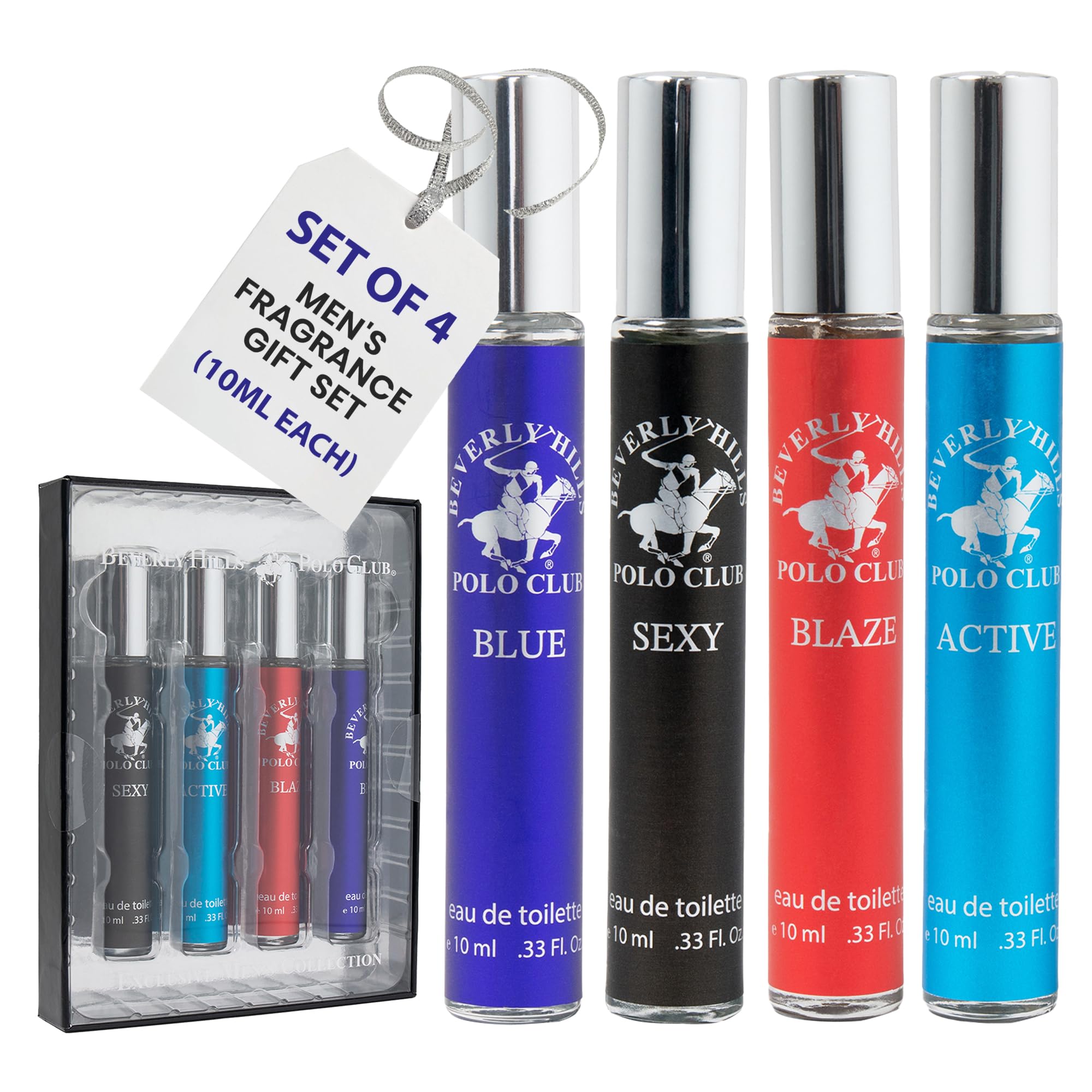 Beverly Hills Polo Club EDT Pen Spray Collection - Set of 4 Men's Fragrance Gift Set - Active, Sexy, Blaze and Blue Scent - Long-Lasting, Travel-Friendly Cologne for Men (10ml Each)
