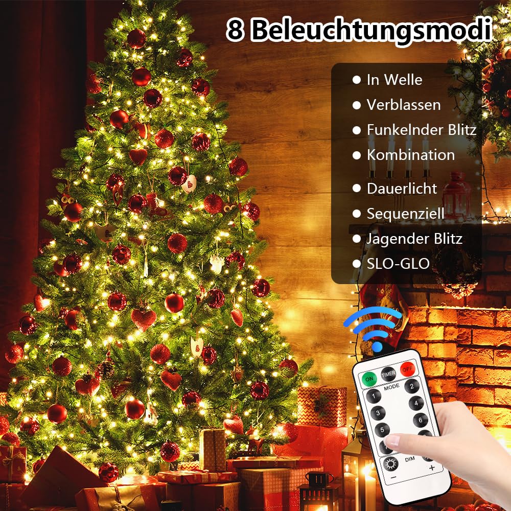 Guirlande lumineuse pour sapin de Noël 280LED 2M×8 Guirlande Fil Cuivre 8 Modes Étanchéité IP44 Guirlande pour Lumière D'arbre de Noël, pour 1.5-2.4M Guirlande lumineuse