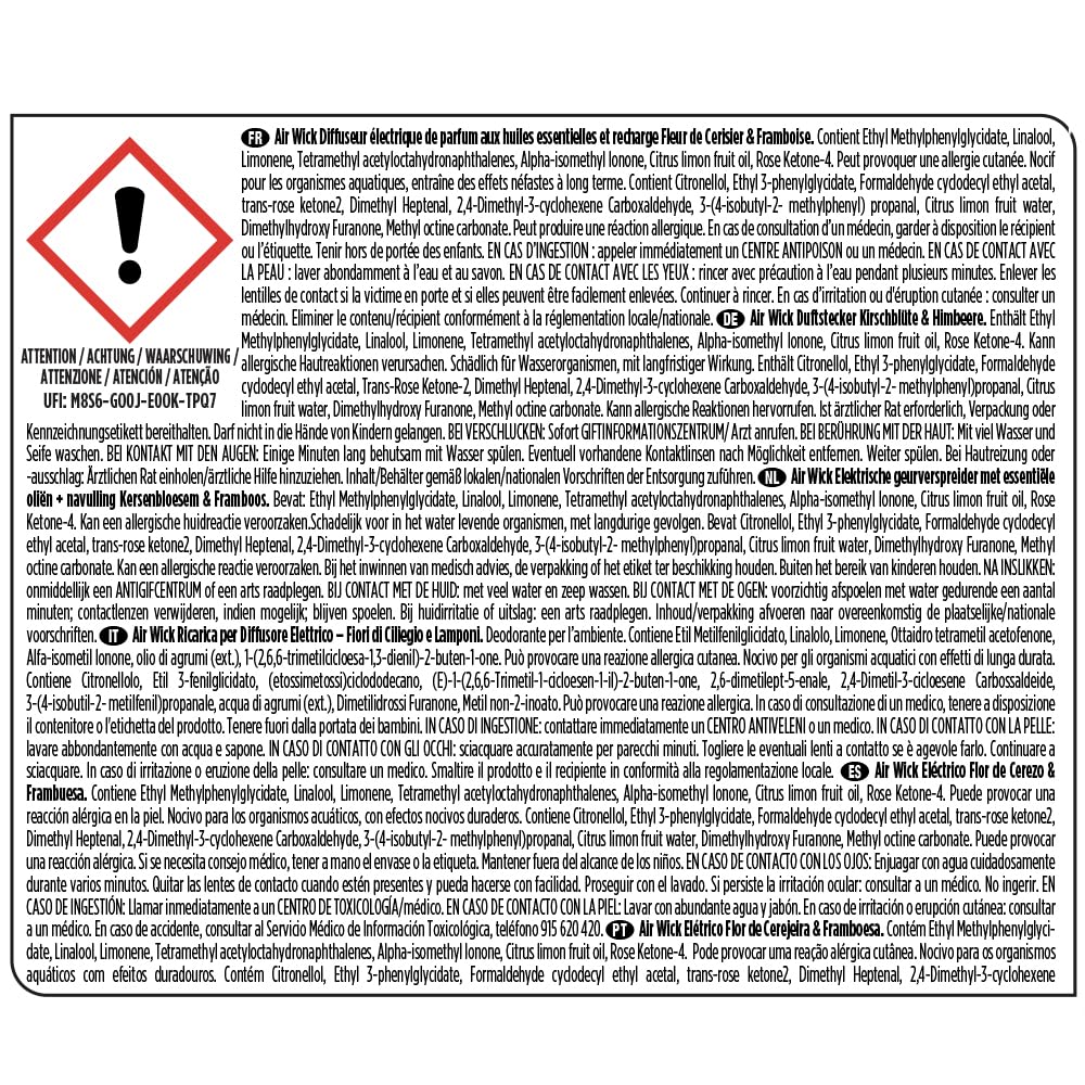 Air Wick Ricarica per Diffusore Elettrico di Oli Essenziali, 3 Ricariche, Fragranza Fiori di Ciliegio e Lamponi, 3x19ml