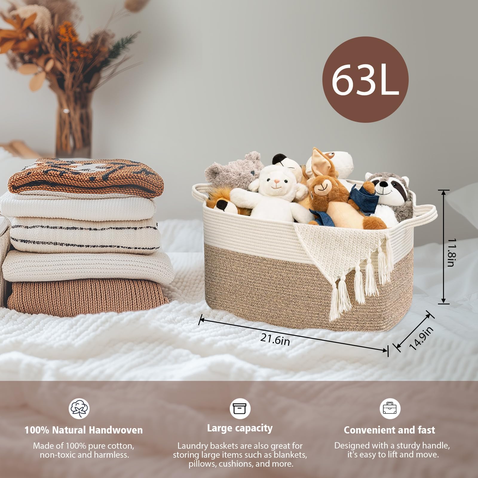 Korb Aufbewahrung Groß mit Griff für Babykleidung Spielzeug Decke Bettwäsche Handtuch,55 * 38 * 30cm,Geeignet für Wohnzimmer Schlafzimmer Badezimmer(Braun-Weiß)