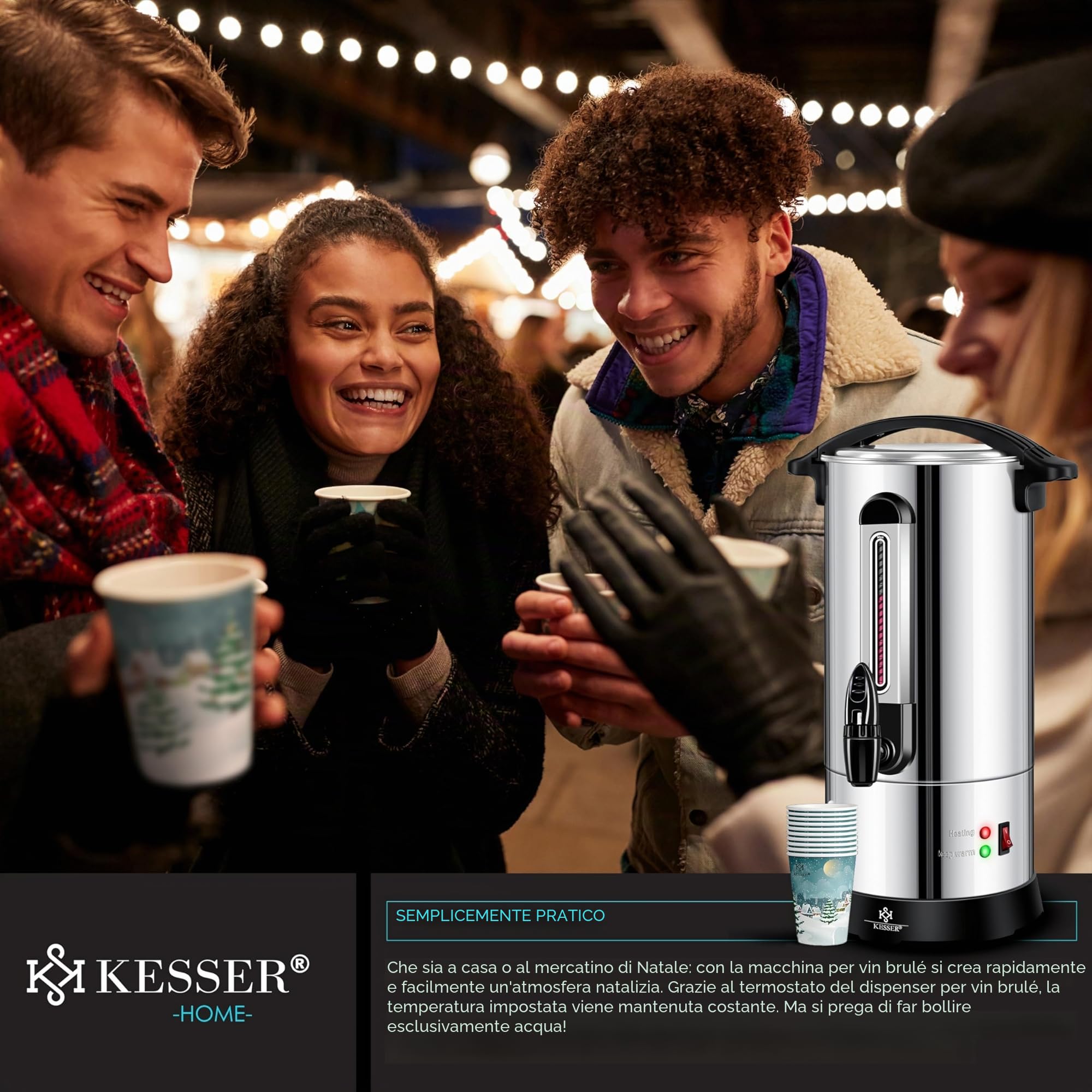 KESSER® Bollitore per vin brulé, 10 l, in acciaio inox, con 10 bicchieri per vin brulé, con termostato, macchina per bevande calde, distributore automatico di acqua calda, indicatore di livello
