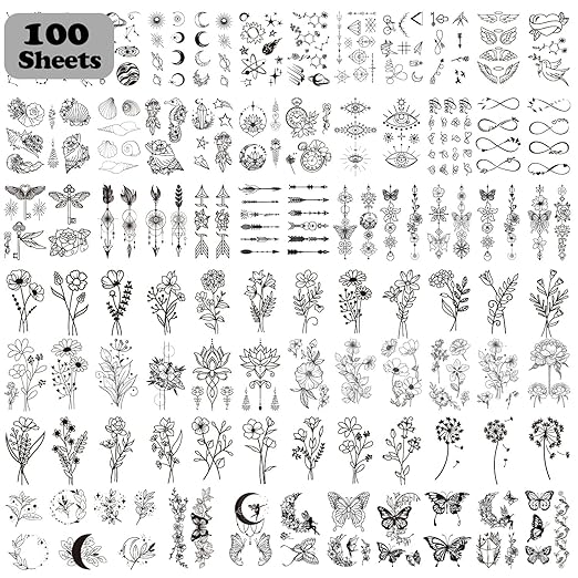 Cerlaza 100 Sheets Temporary Tattoos for Women Adult, 420 Mixed Styles Tiny Branch Fake Tattoo Stickers that Look Real and Last Long, Realistic Henna Tattoo for Girl Body Art Sticker